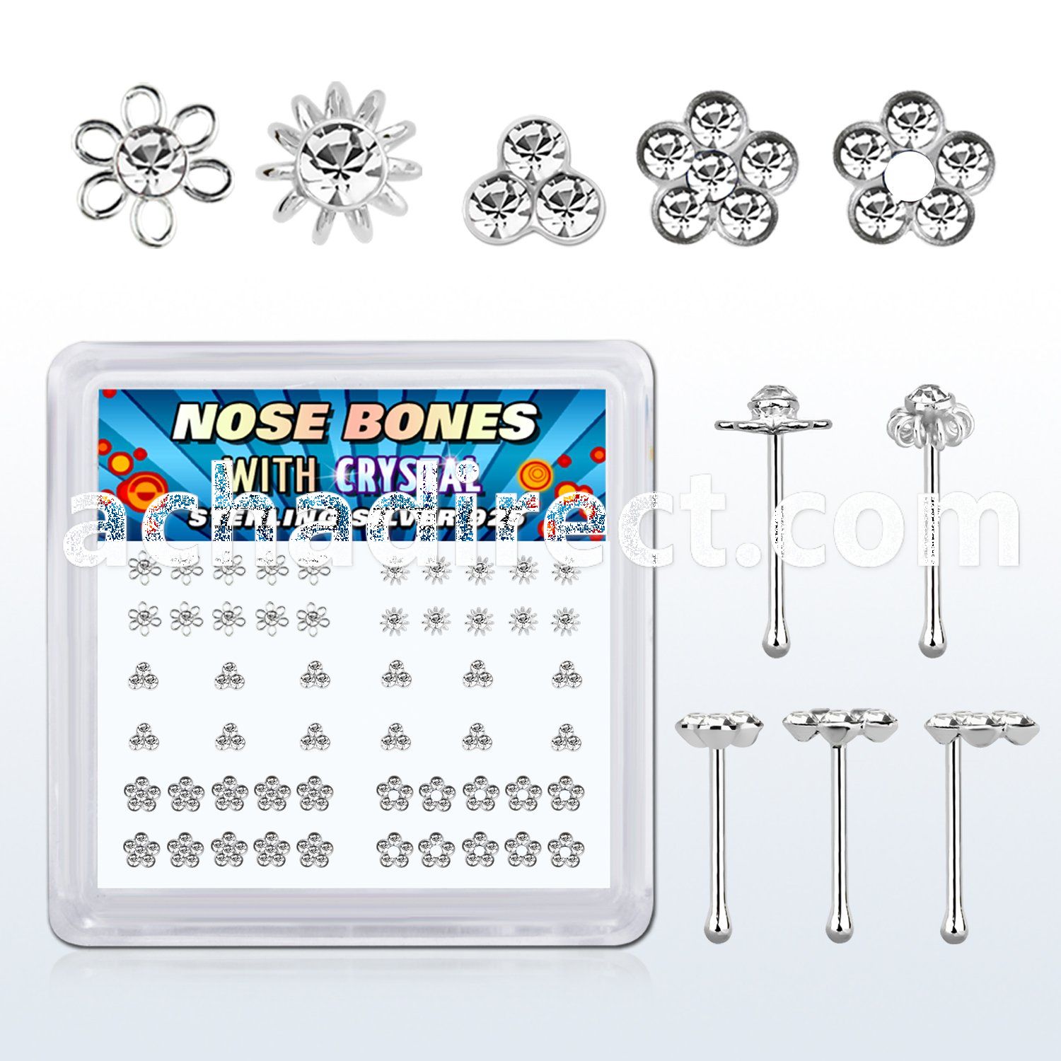 box w 52 silver nose bones w flower crystal tops in clear
