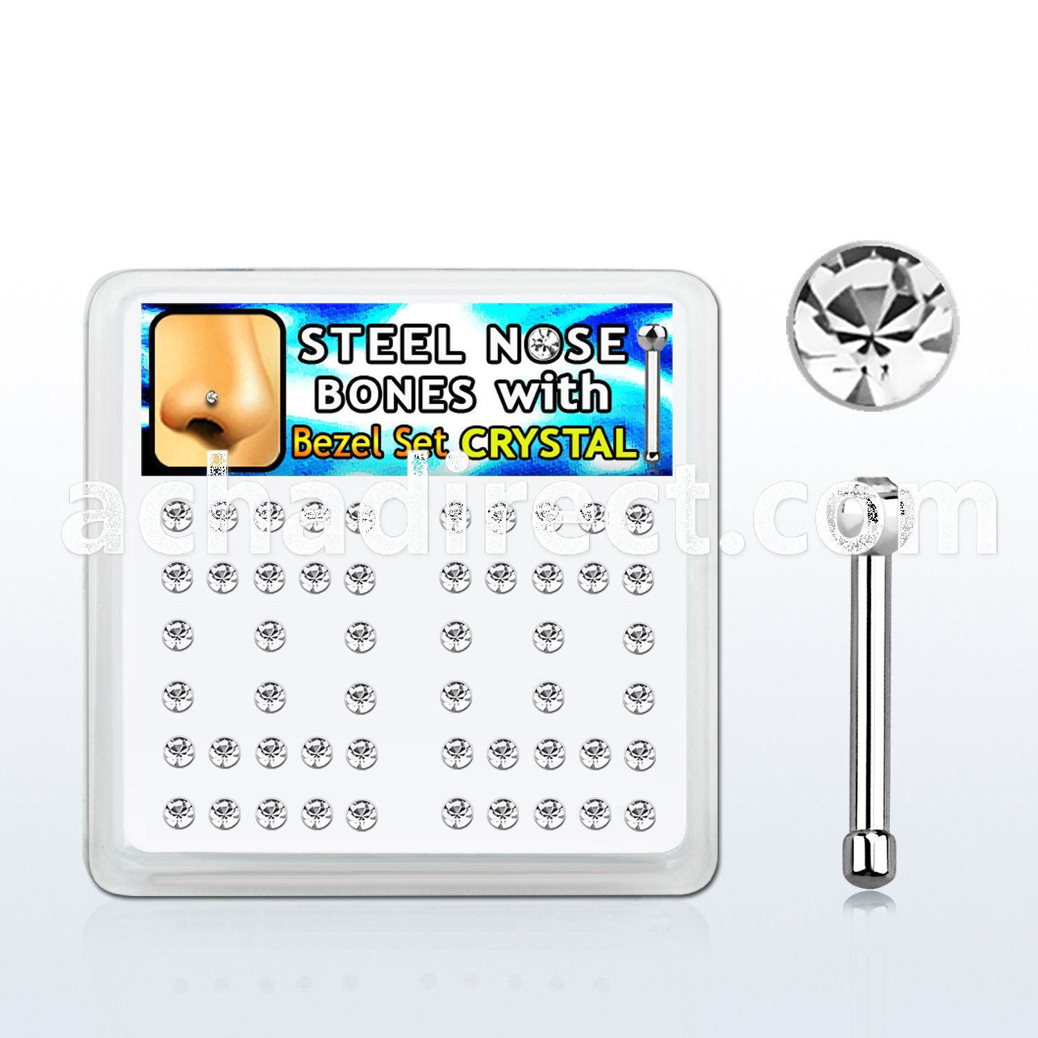 box w 52 steel nose bones w 2mm bezel set crystals tops 