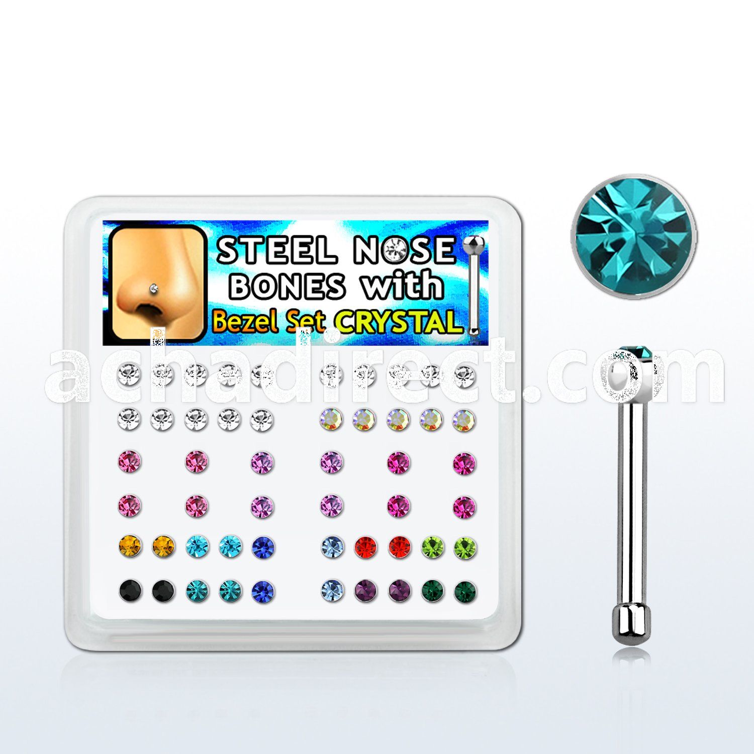 box w 52 steel nose bones w 2mm mixed bezel set crystals