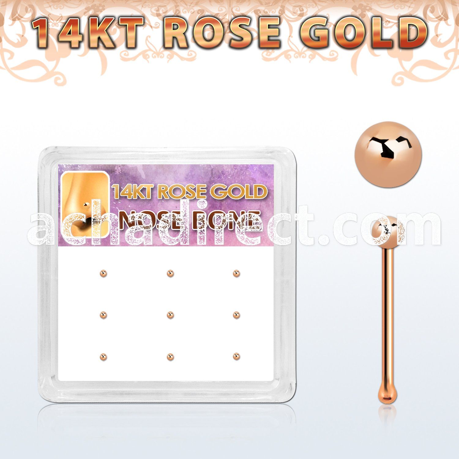 box w 9 14kt rose gold nose bones, 22g w 1.5mm ball top