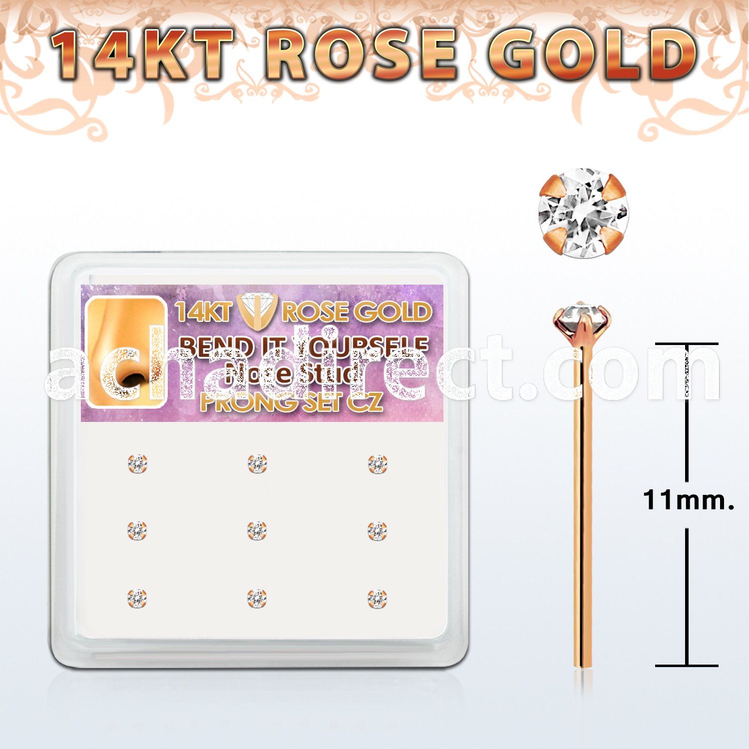box w 9 rose gold bend it nose studs w 2mm clear czs