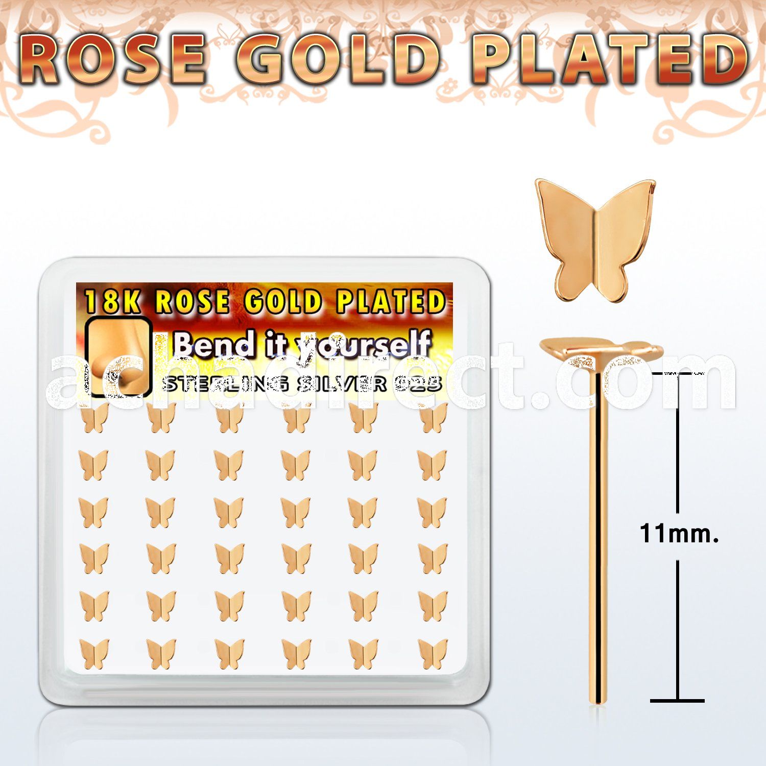 box w rose gold silver bend it nose studs w butterfly