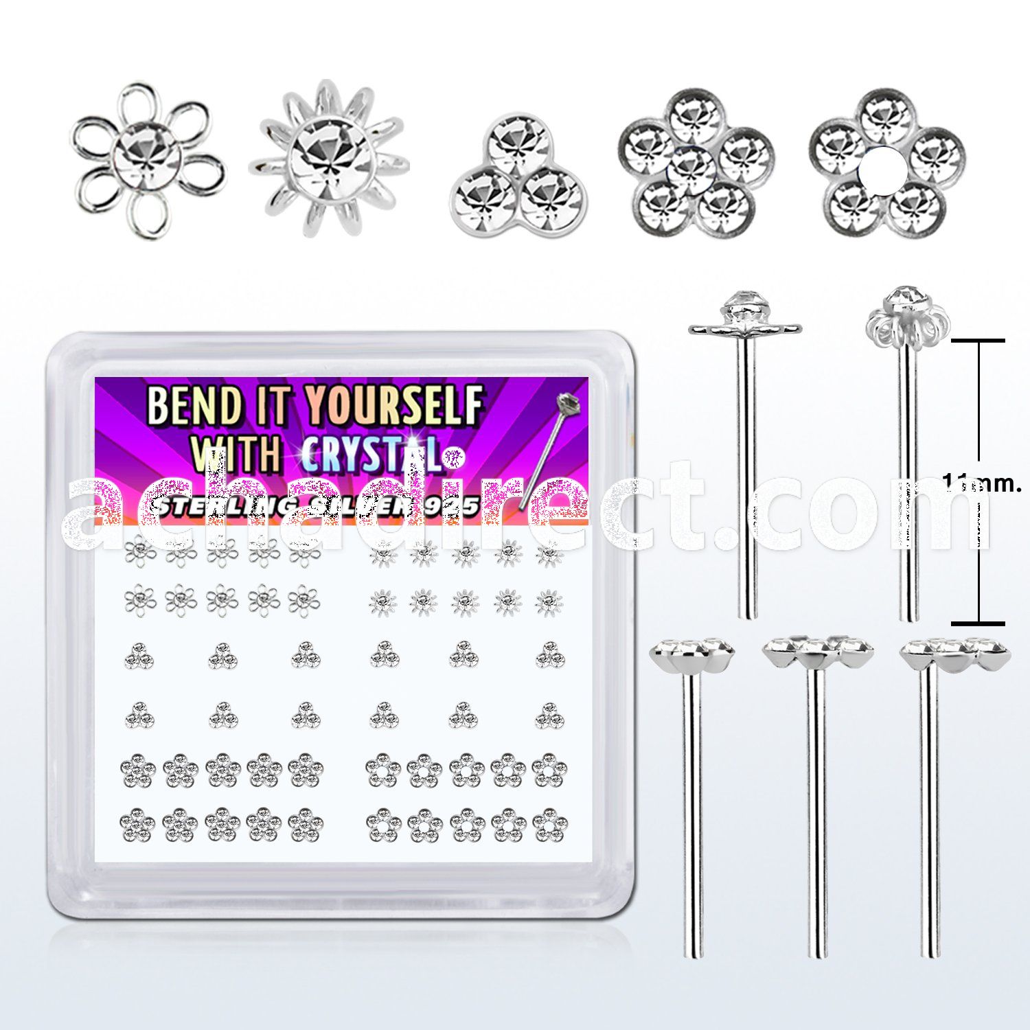 box w silver bend it nose stud w flower crystal top clear