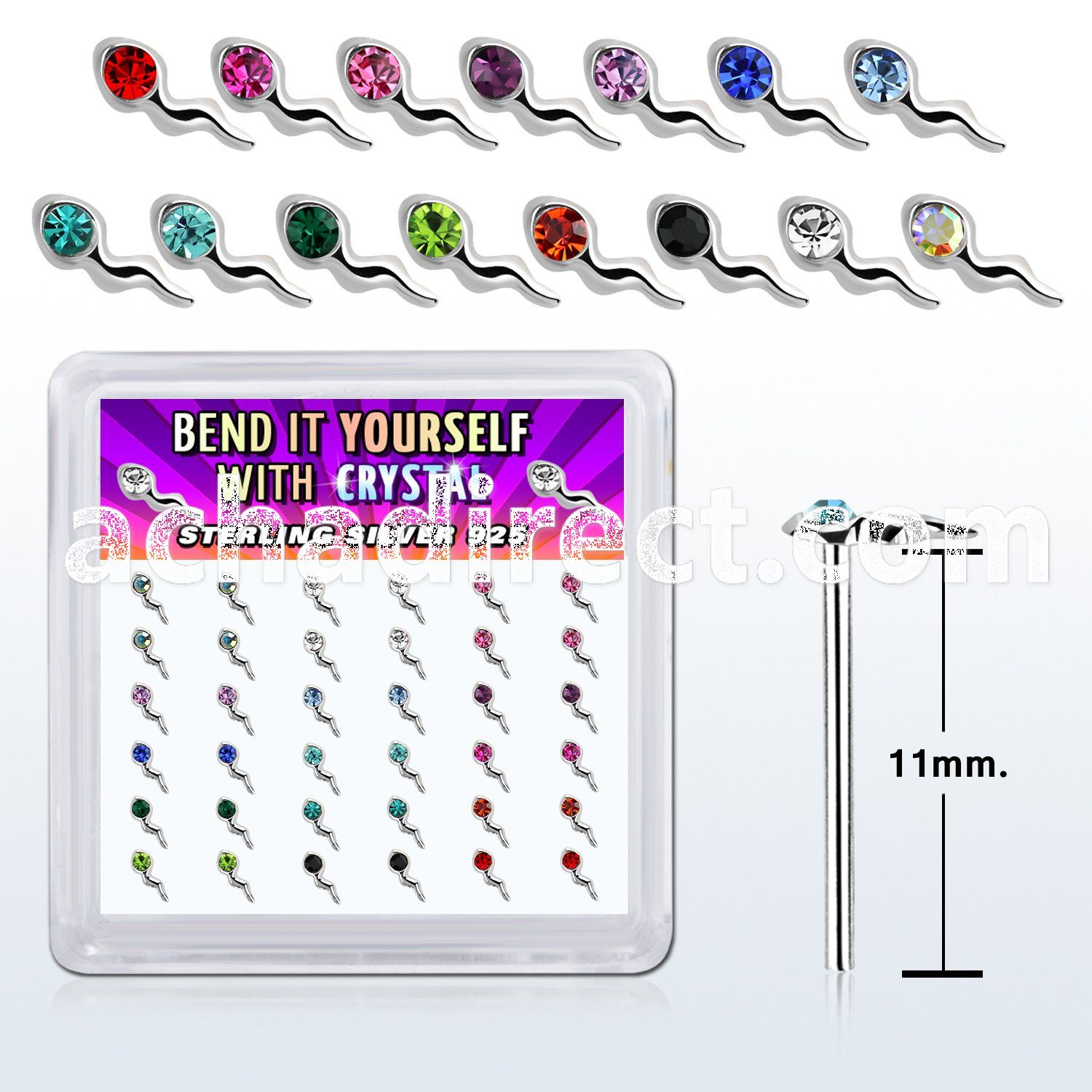 box w silver bend it nose stud w sperm shape crystal top