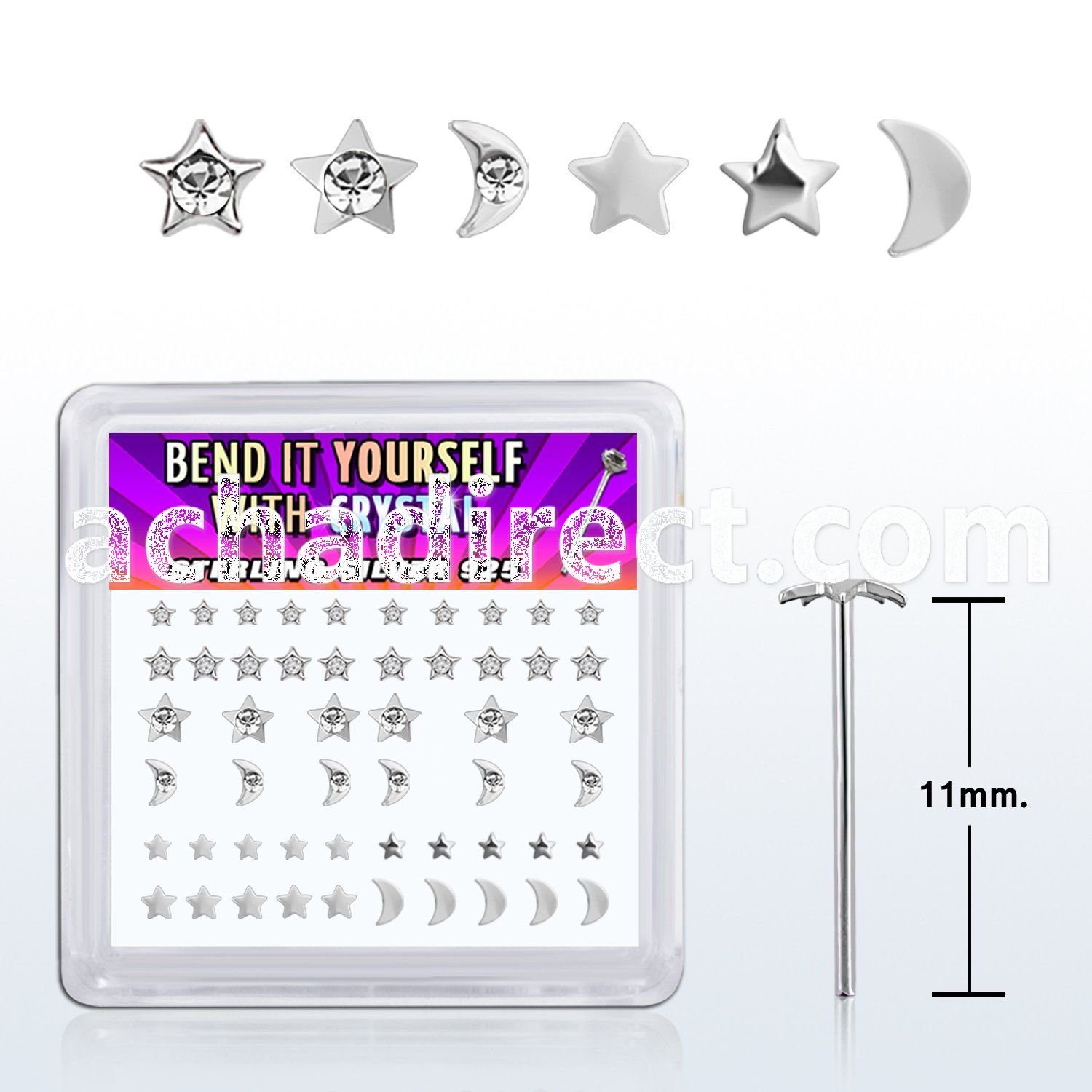 box w silver bend it nose studs w star & moon clear tops