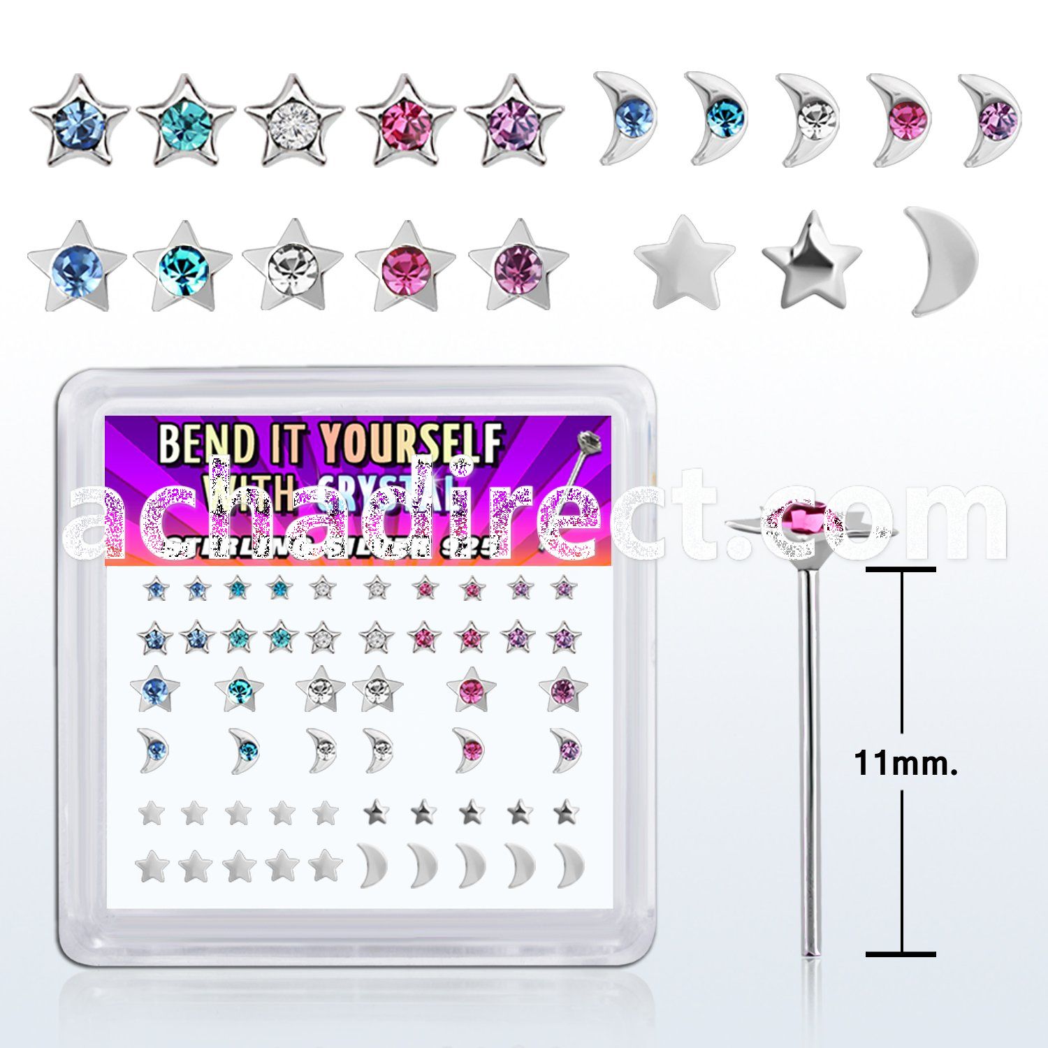 box w silver bend it nose studs w star & moon shaped tops