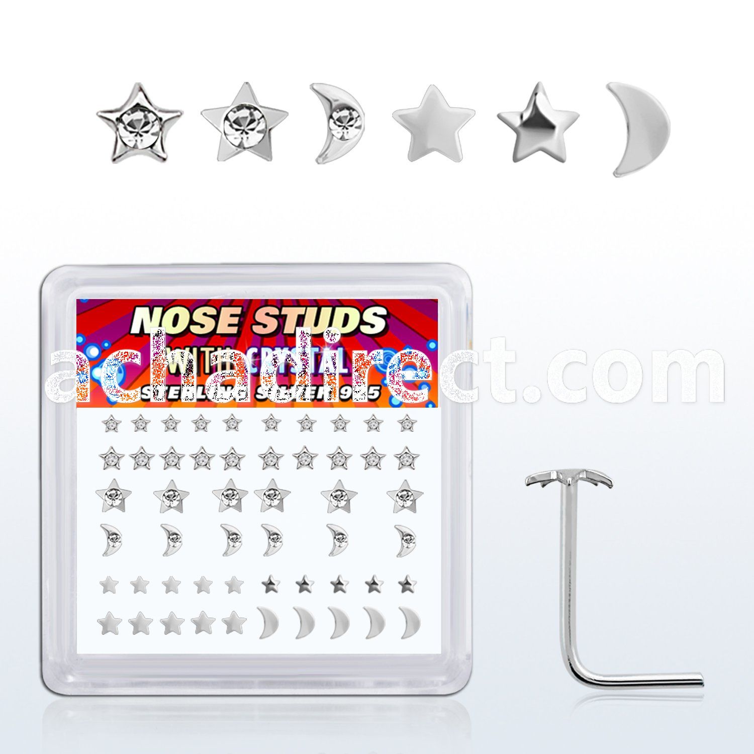 box w silver nose stud w star & moon tops w clear crystal