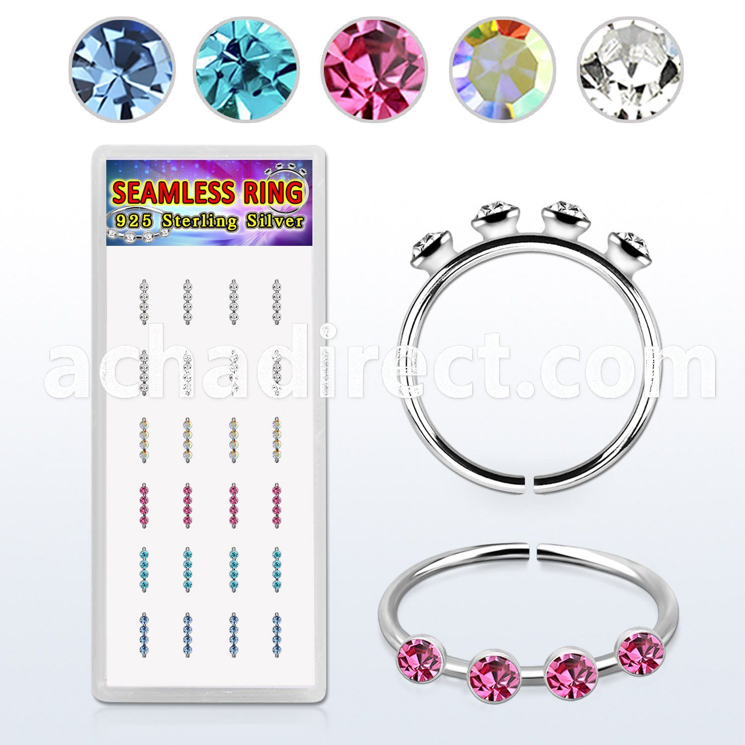 box w silver seamless nose hoop w 4 color 1.5mm crystals 