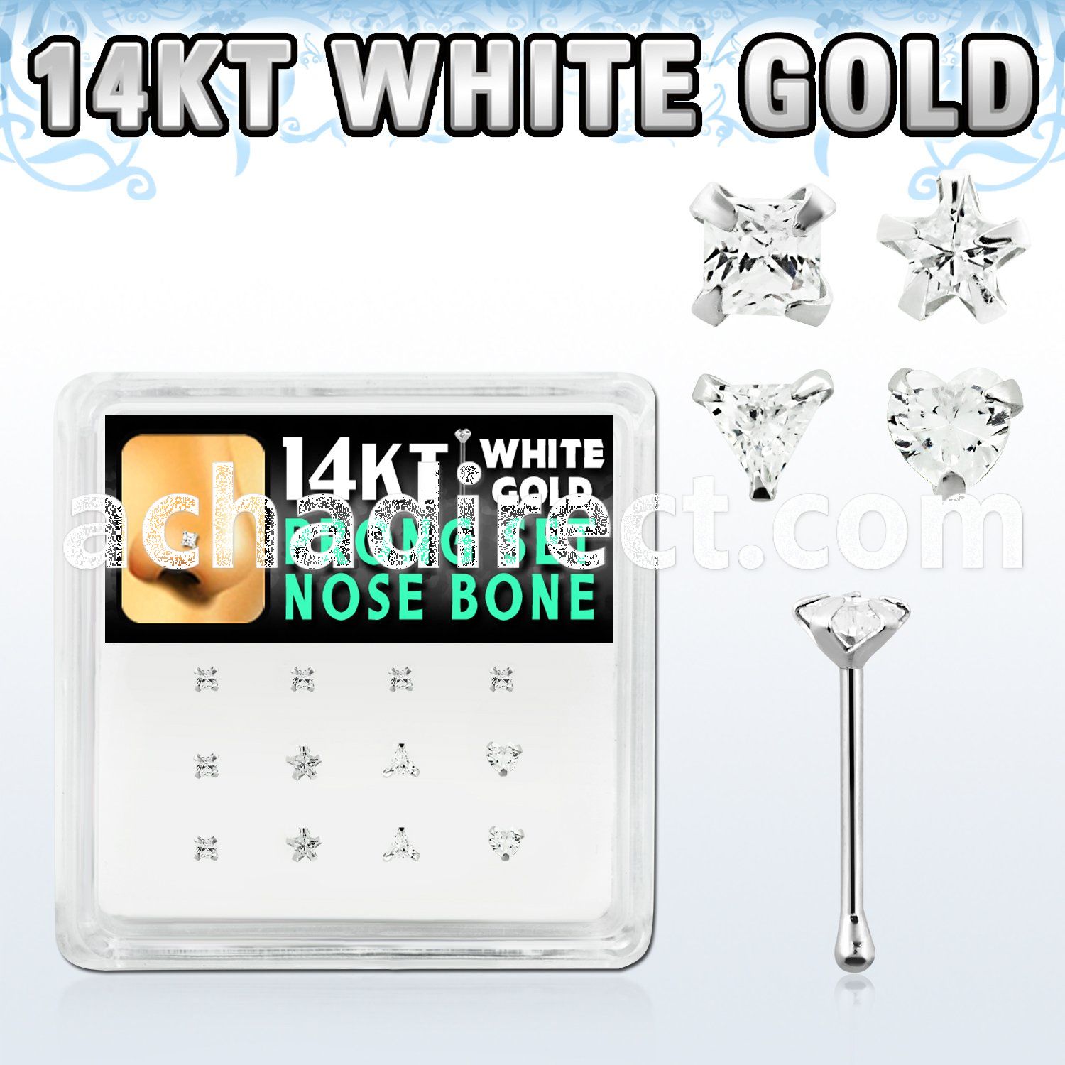 box w white 14kt gold nose bones w assorted prong set cz 