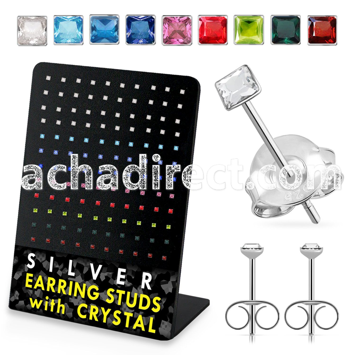 br067 silver earstud with square assorted colored crystal top