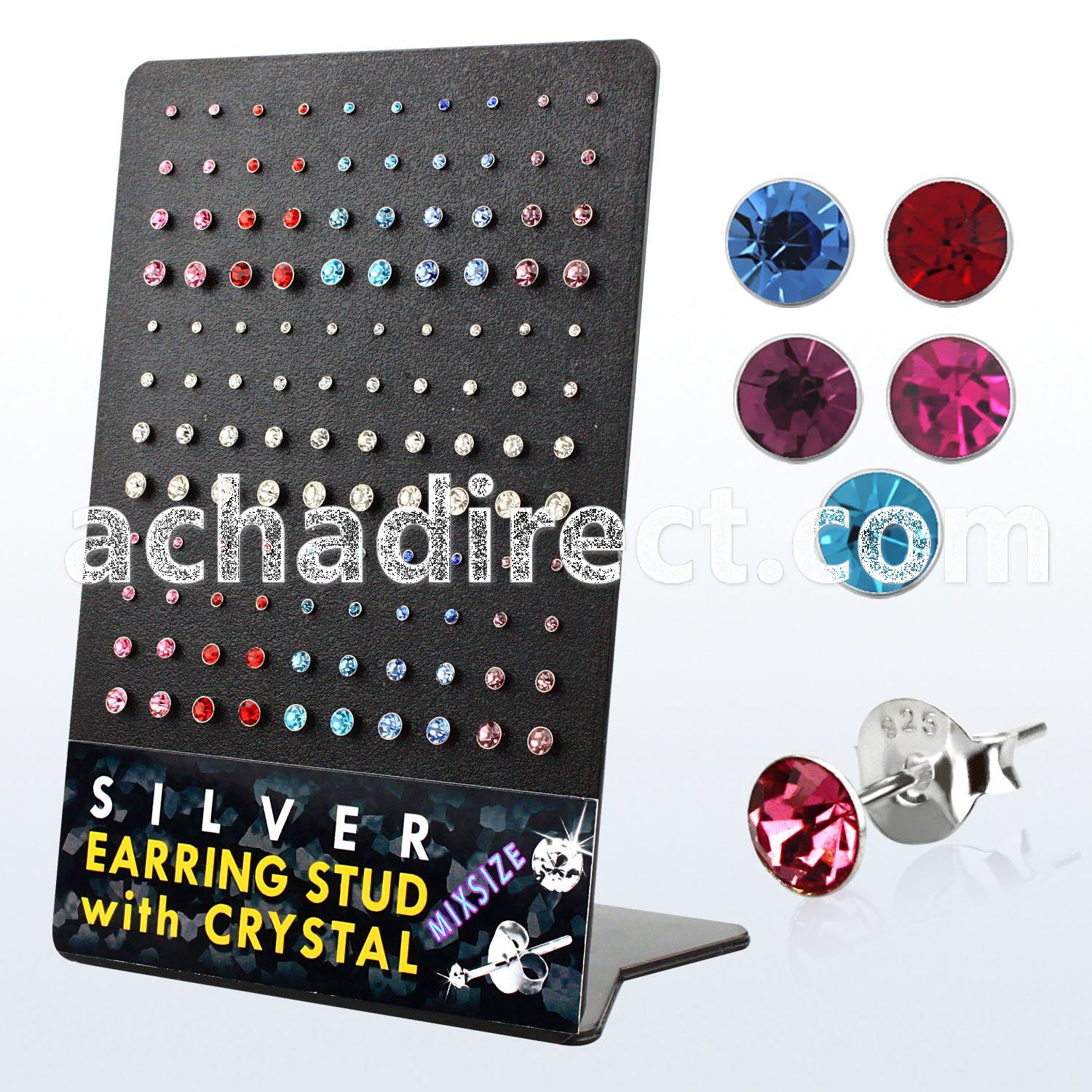 br068 silver earstud w round assorted colored crystal top