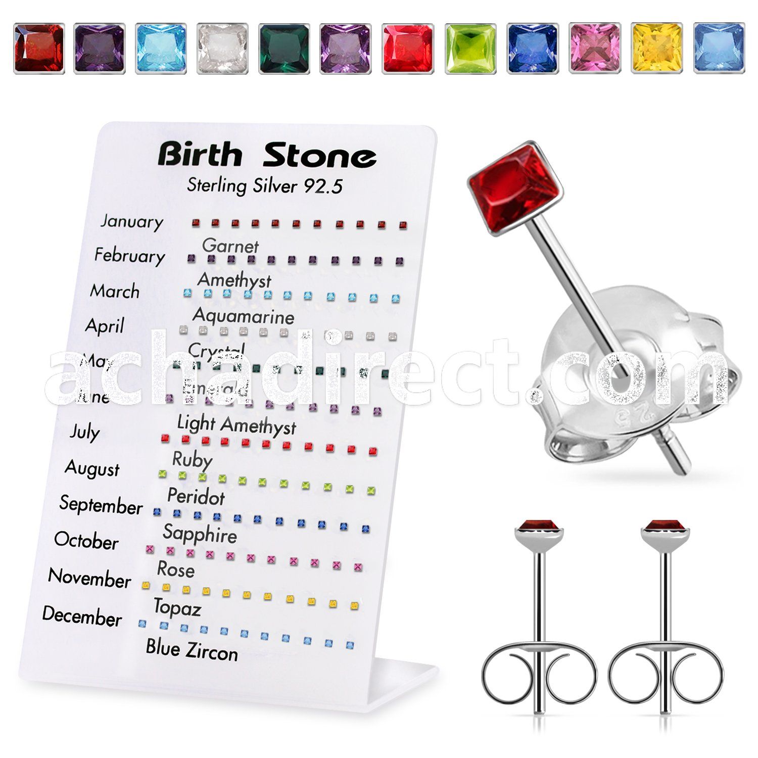 br909 silver birth stone earstuds with 2mm square crystal tops