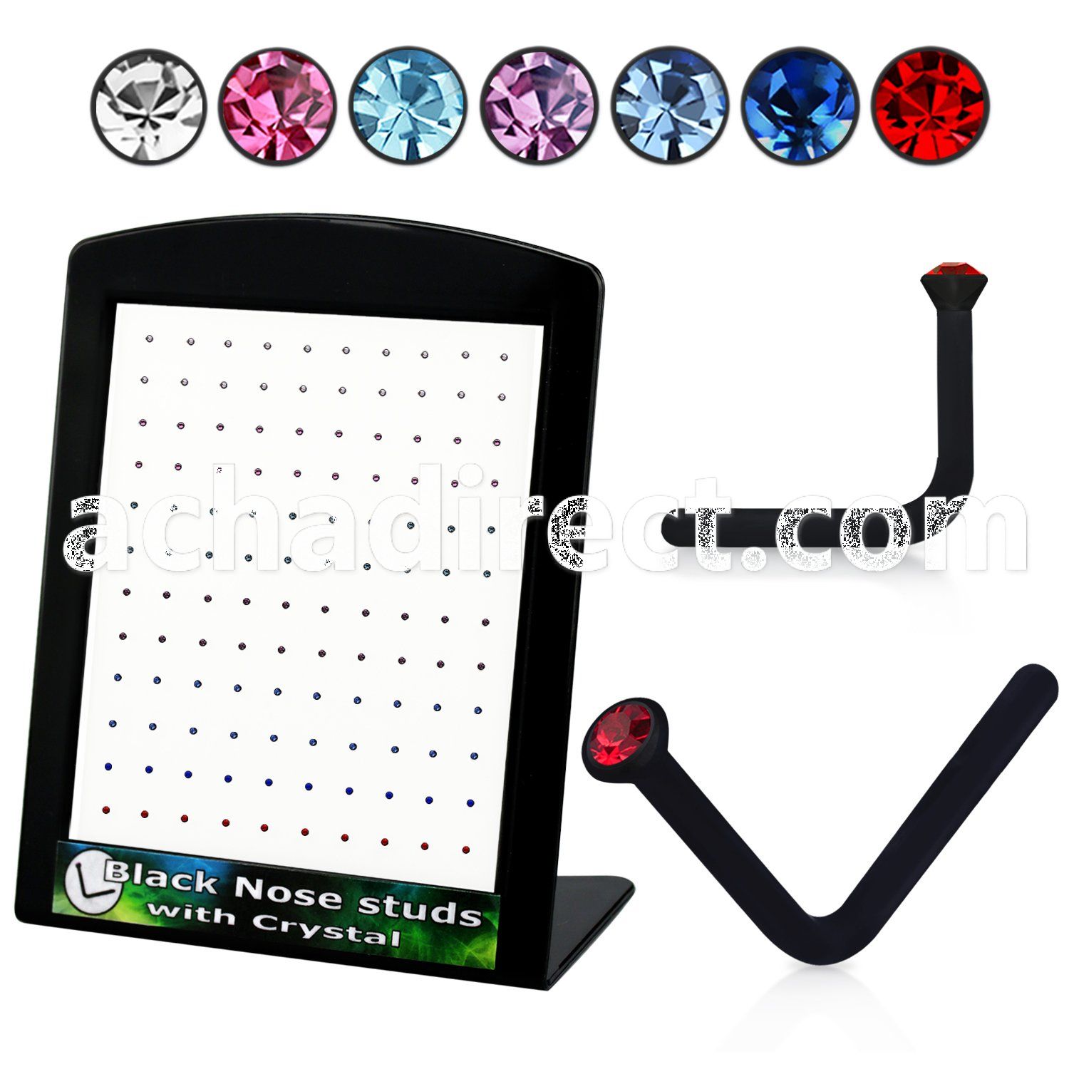 brac2 black acrylic nose stud w assorted colored crystal top
