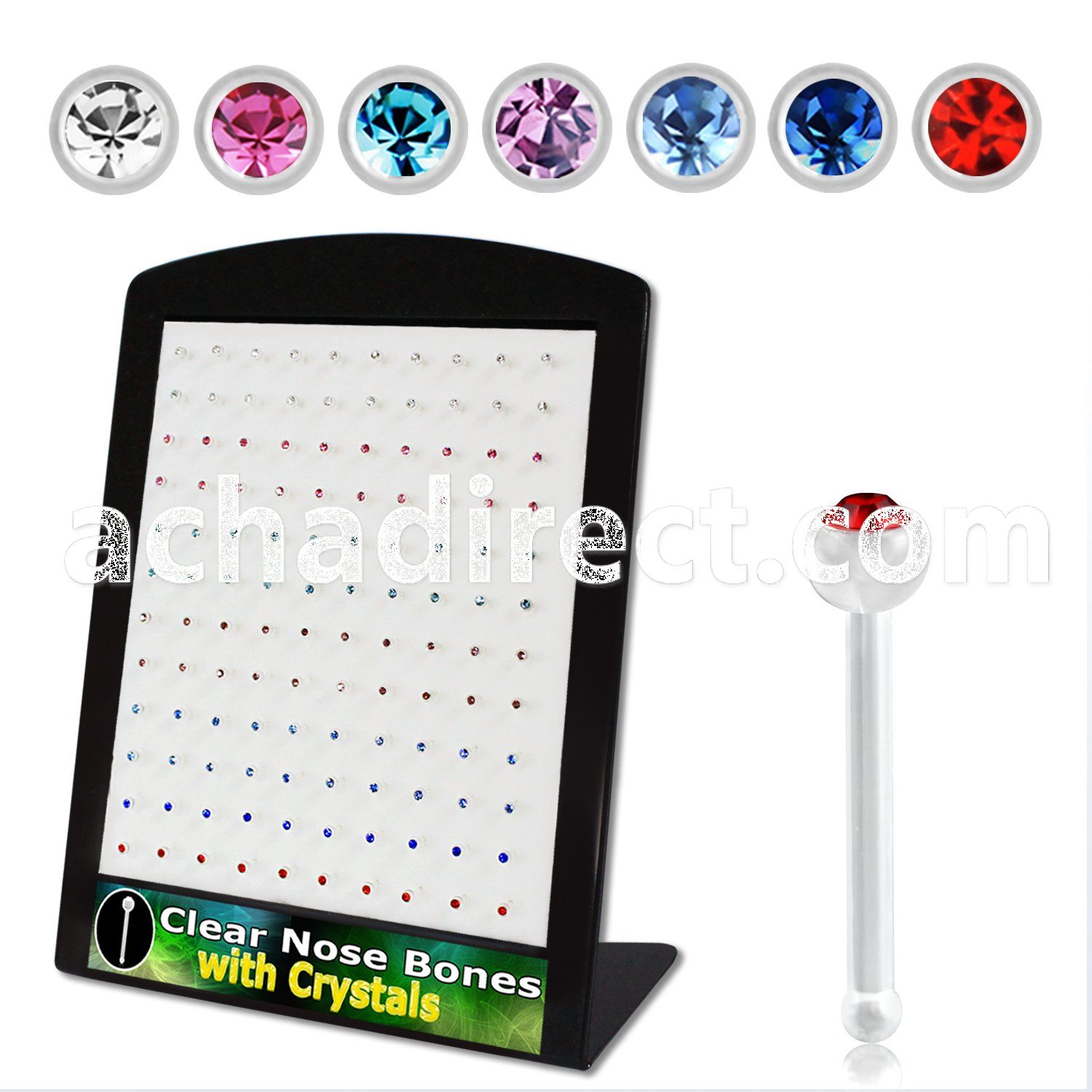 brac8 clear acrylic nose stud w assorted colored crystal top