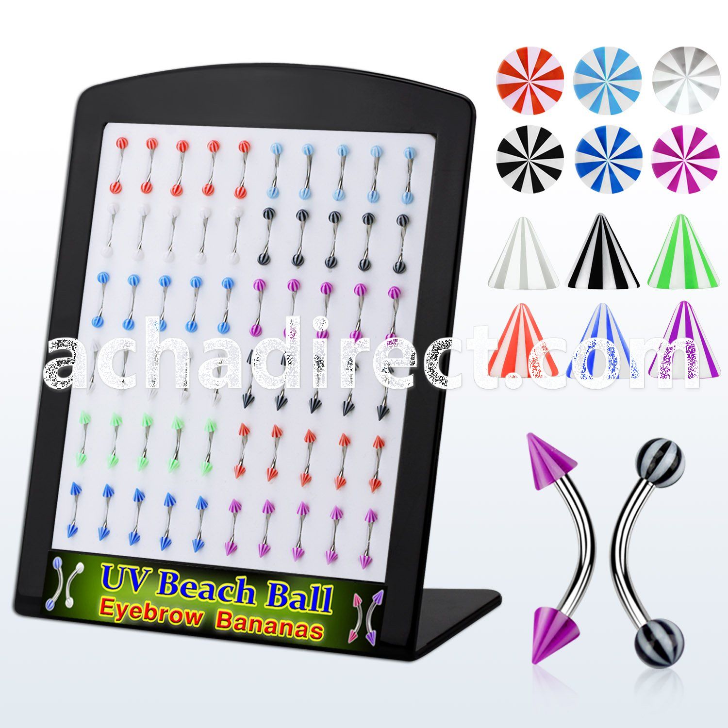 brbe3 316l steel eyebrow banana w acrylic beach ball pattern