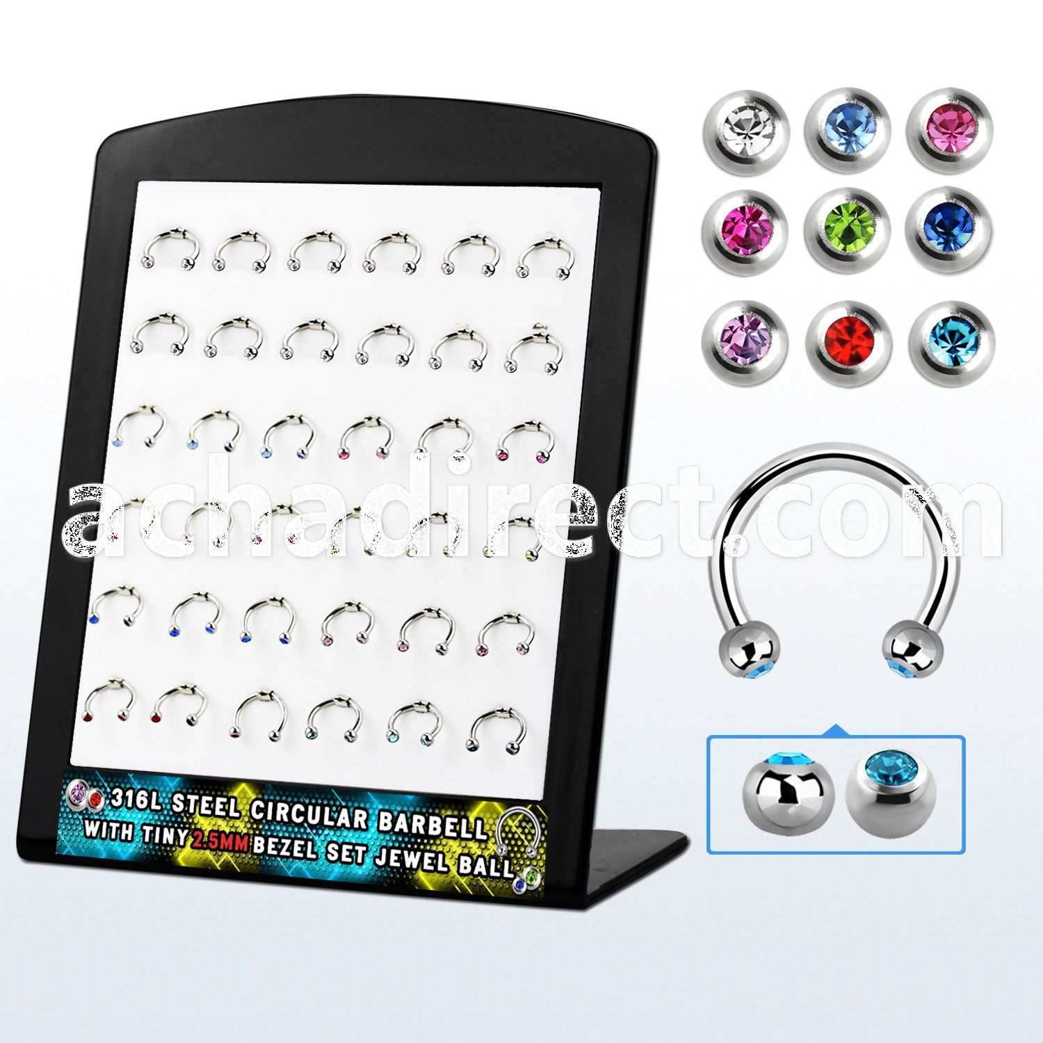 brbjmx3 display w 316l steel circular barbell w 2 5mm jewel ball