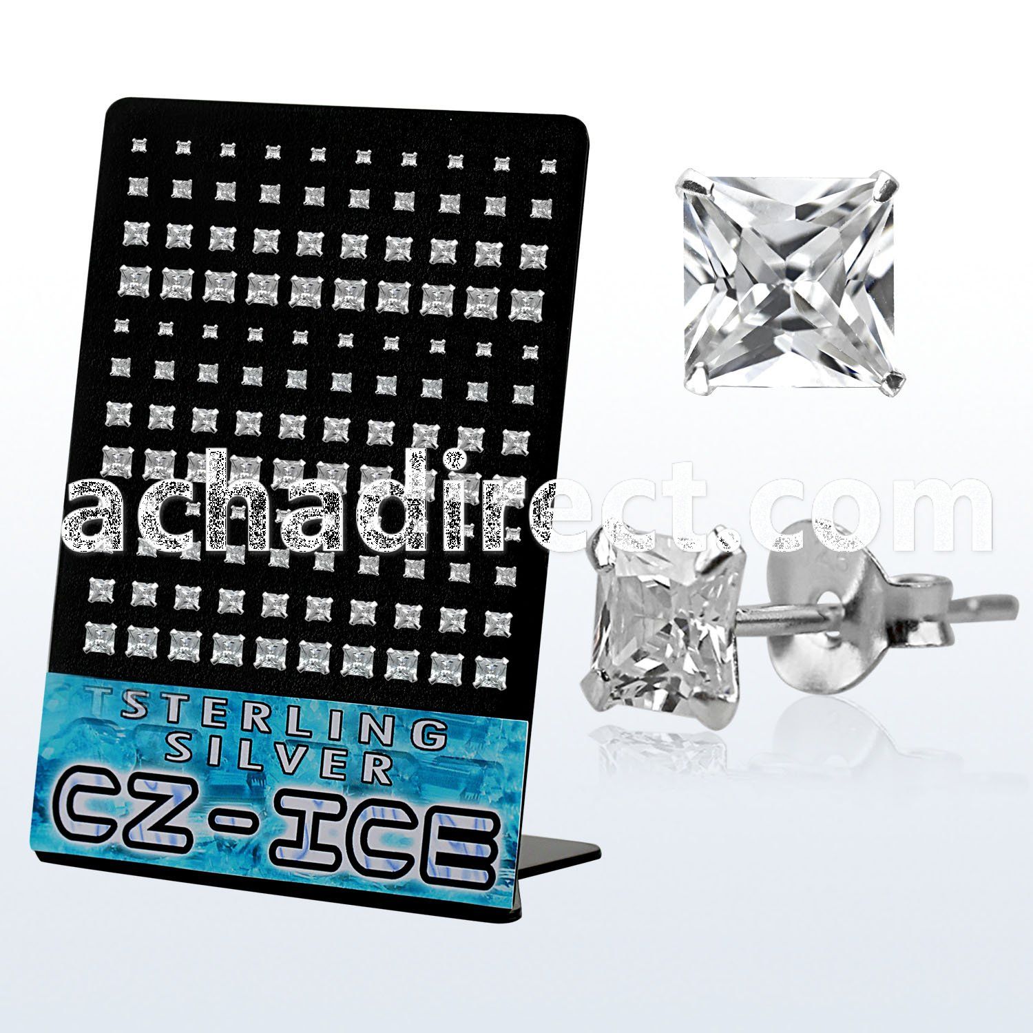 brczsqs silver ear stud with clear prong set square cz stones