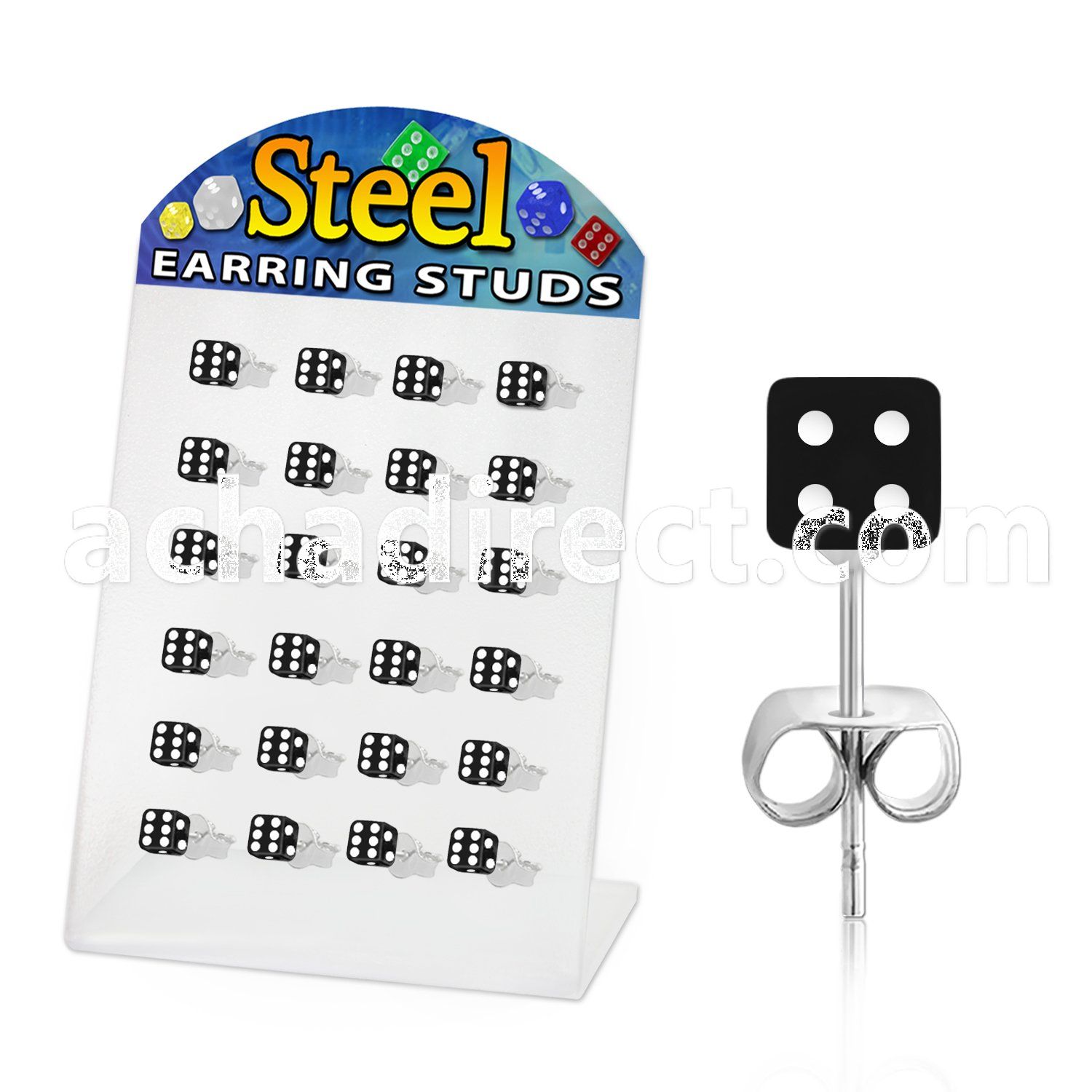 brdi5 stainless steel ear stud w arylic b w uv dice tops