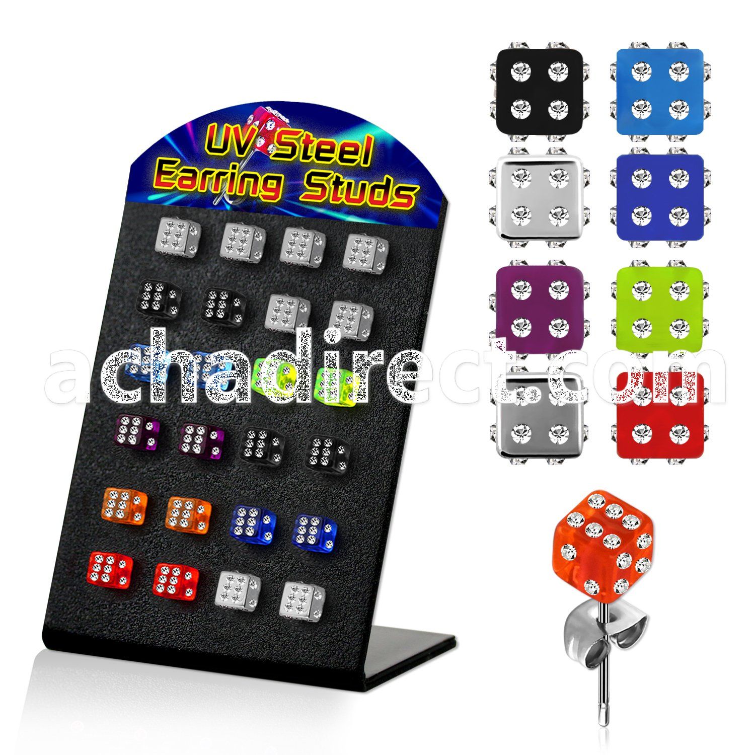 brdic5 stainless steel ear stud w uv dice dotted crystal top