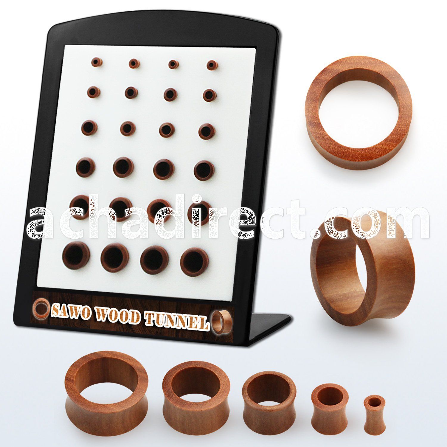 brdpws display w 24 pcs of double flare sawo wood flesh tunnels