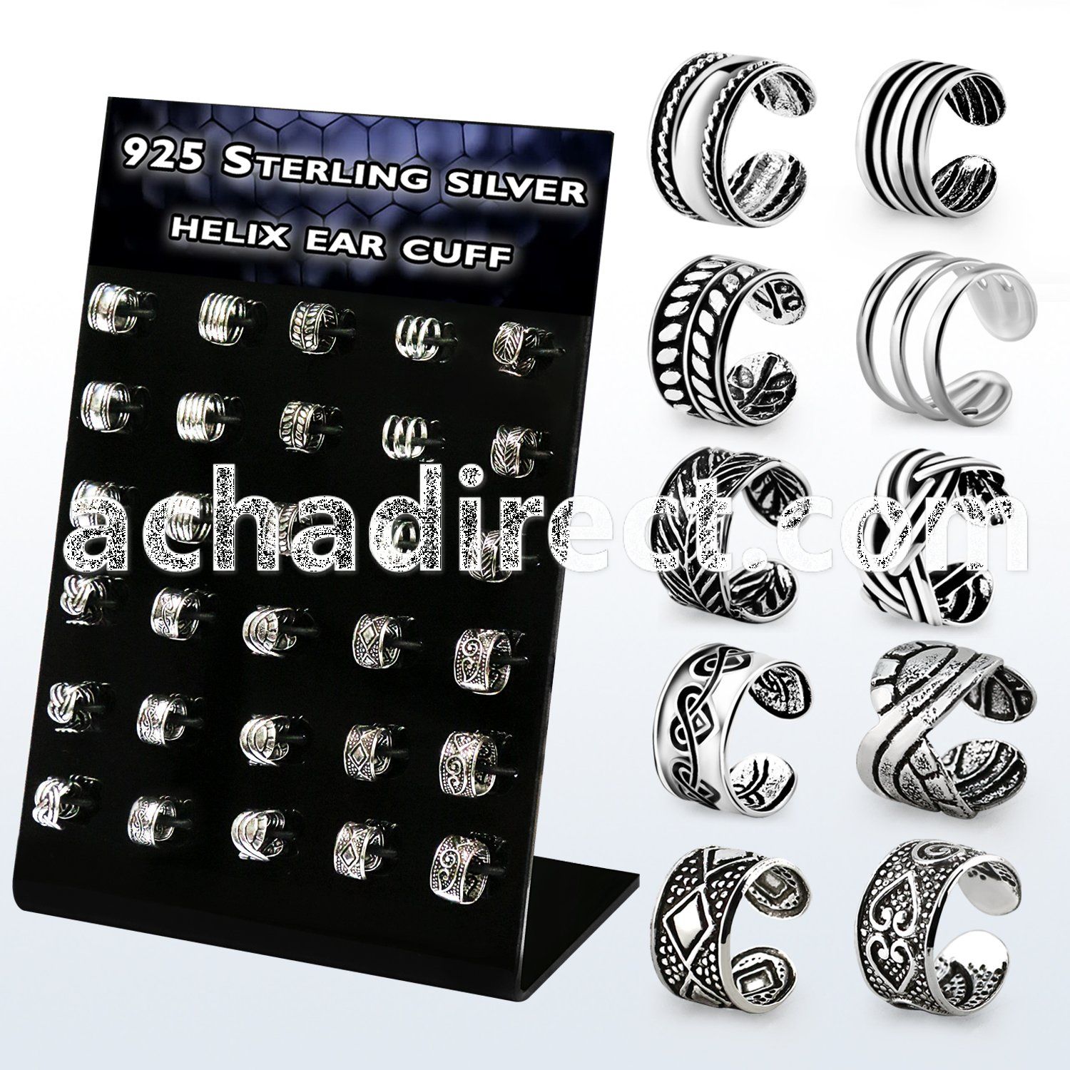 brehvcf display w 30 pcs. of silver helix ear cuff mix designs