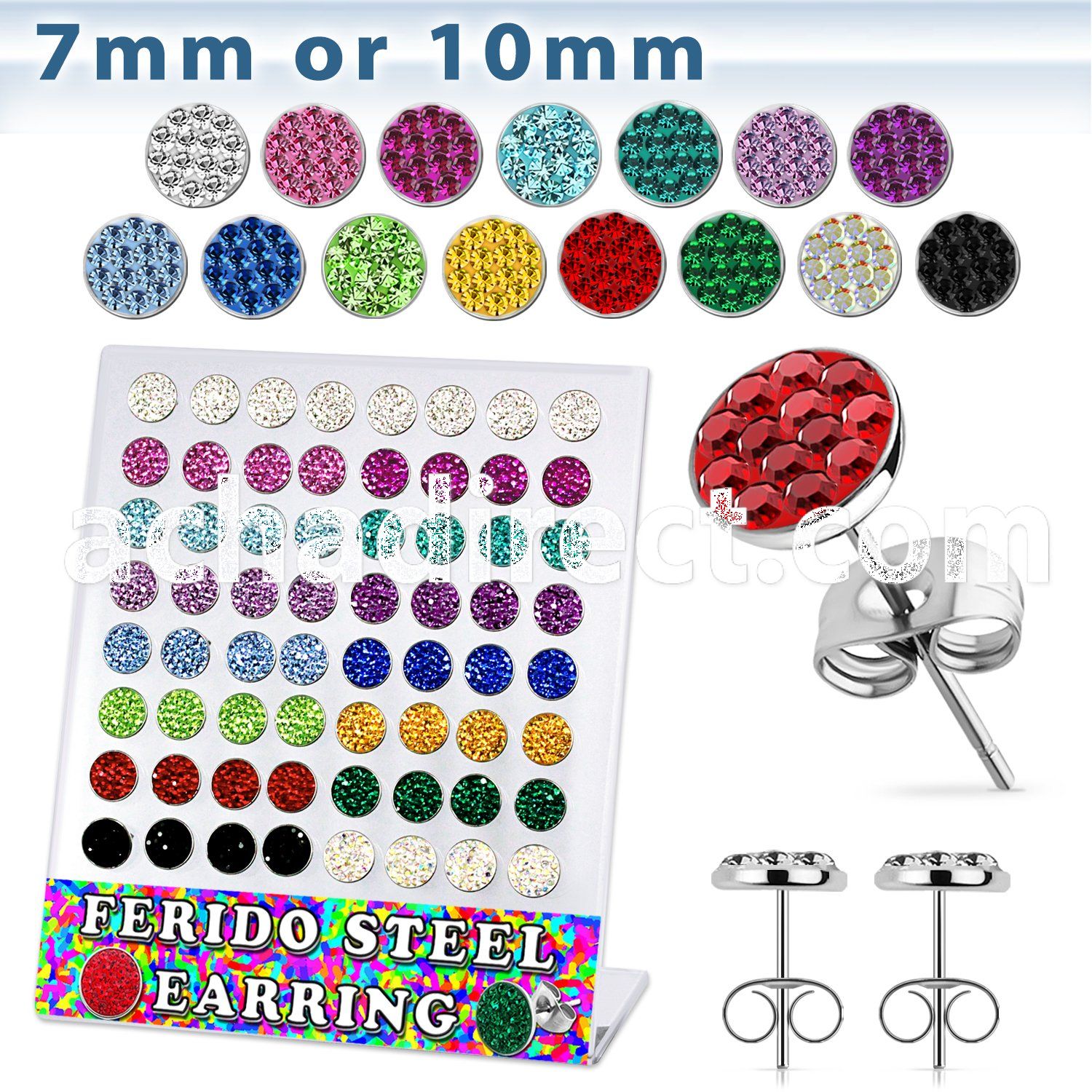brerfr1 316l steel earring with assorted colored ferido crystal