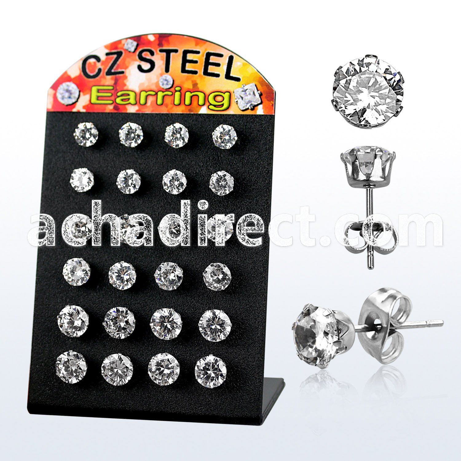 bres11 12 pcs stainless steel earring stud with prong cz stone