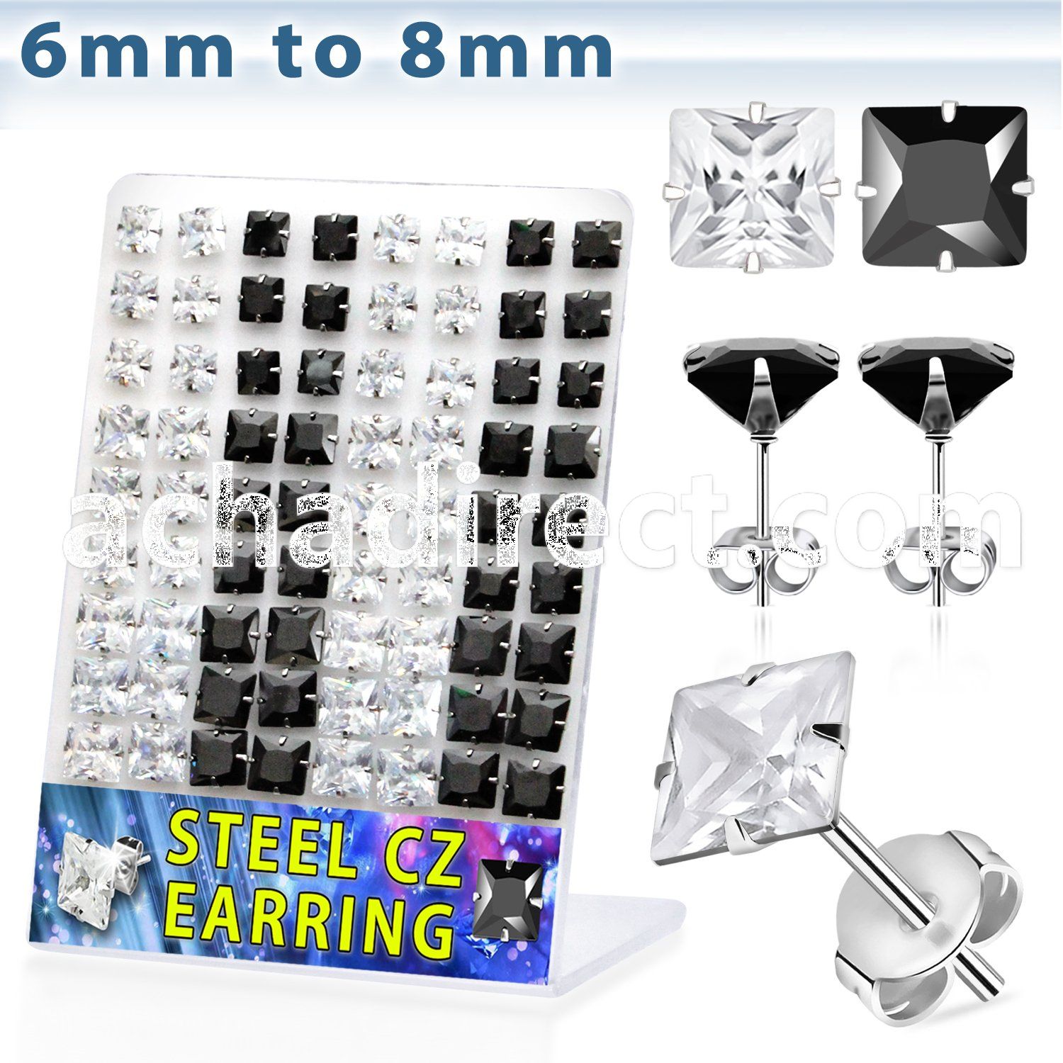 bresqz4 stainless steel earring stud with prong square cz stone