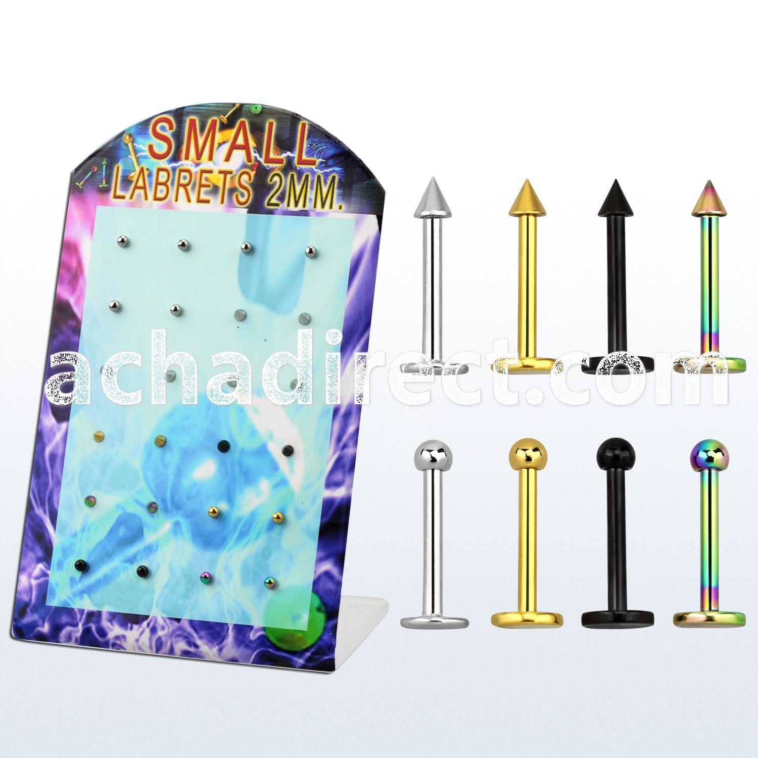 brlb2 anodized 316l steel labret with 3 balls and cones