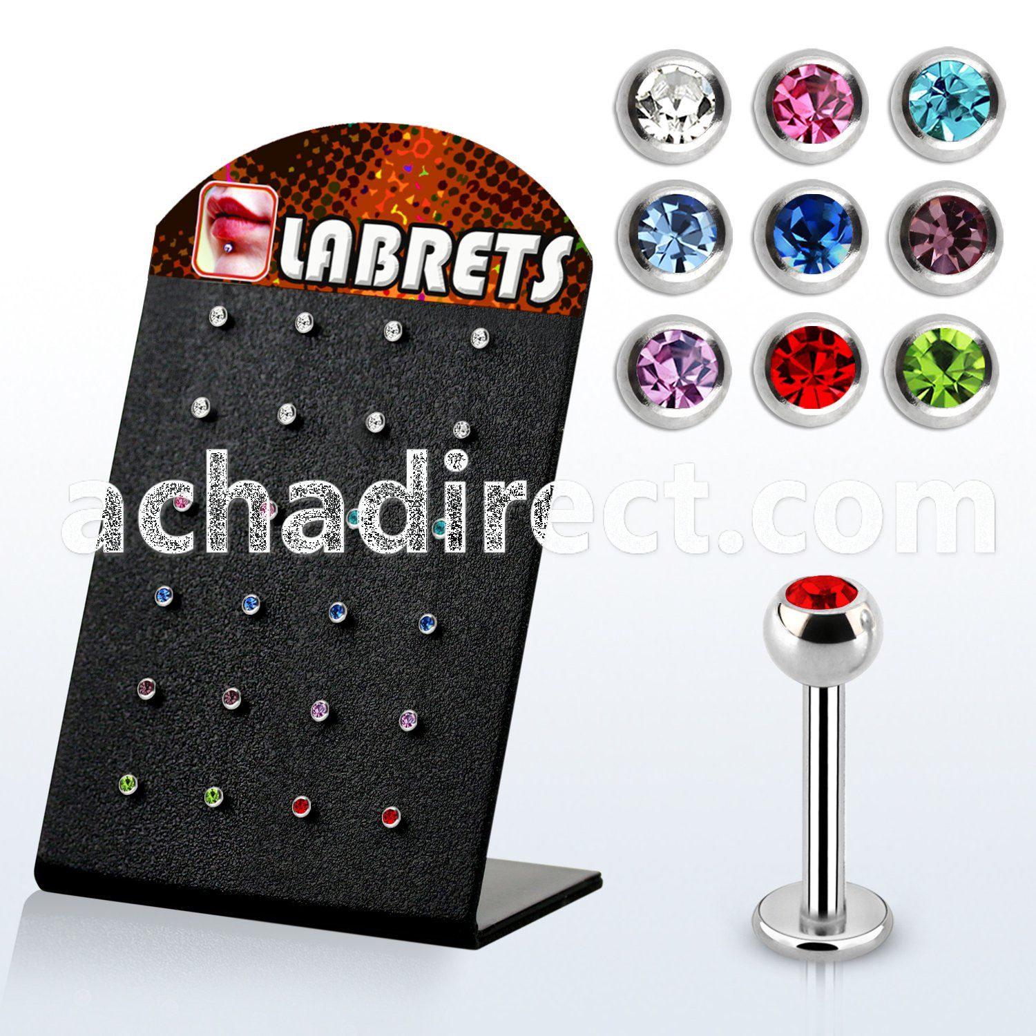 brlbc3 board of 316l steel labret with 3mm bezel jewel ball