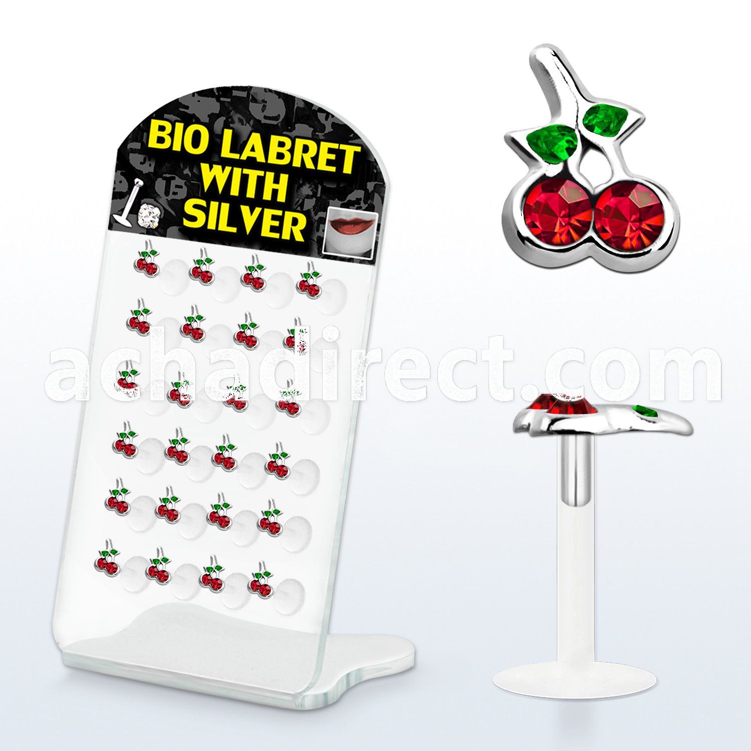 brlbi11 clear bioflex labret with cherry silver top with crystal