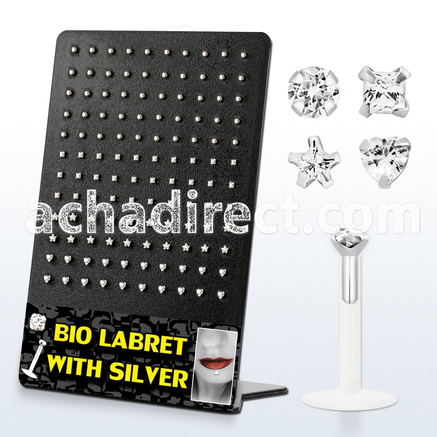 brlbi12 clear bioflex labret with prong assorted shaped cz stone