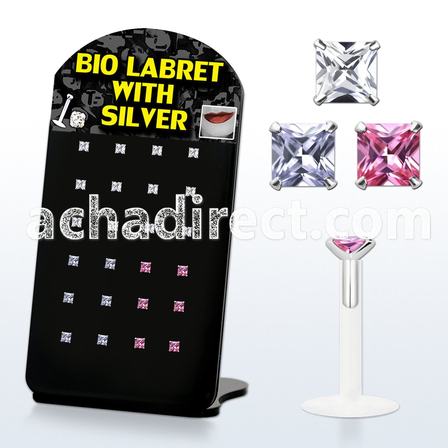 brlbi13 clear bioflex labret with 2mm prong set square cz stone