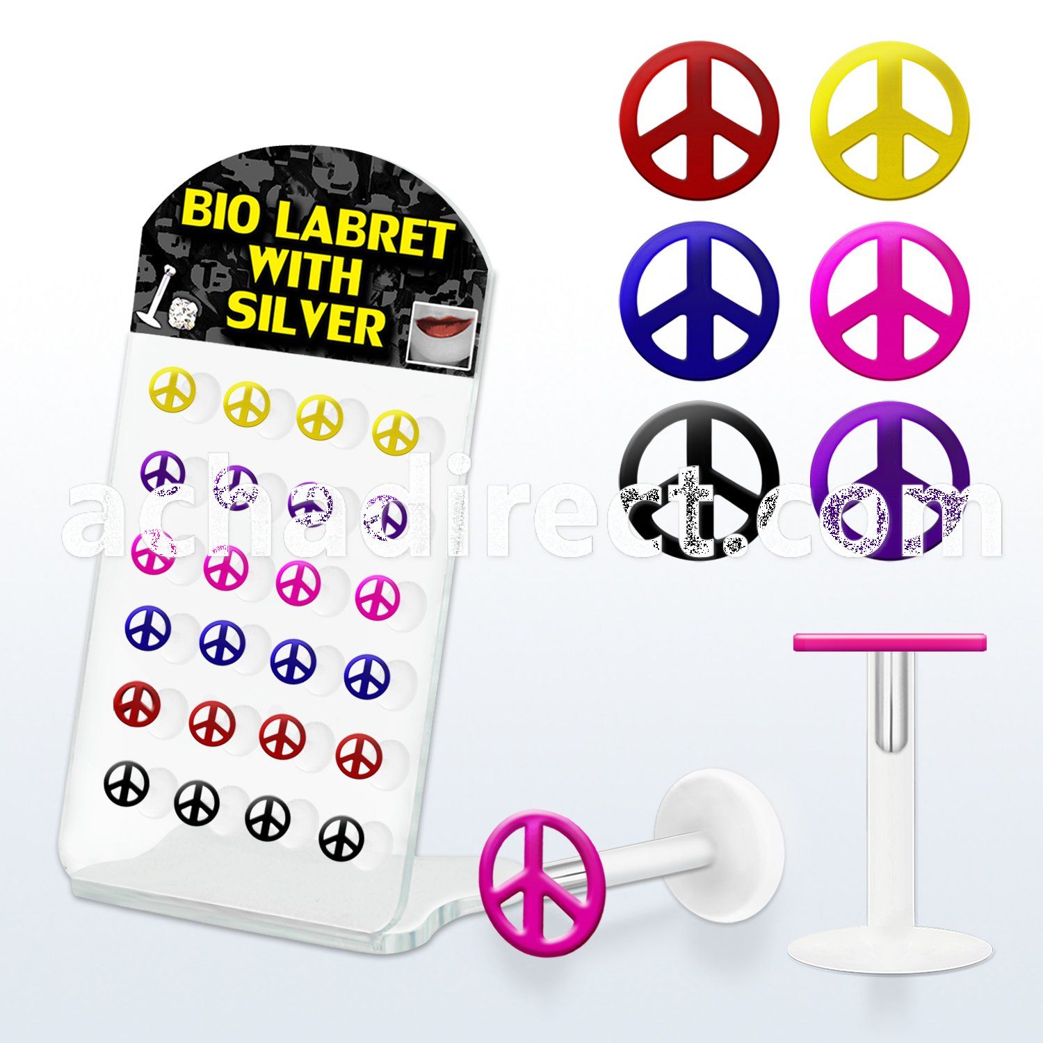 brlbi20 bioflex labret with color plated silver peace sign
