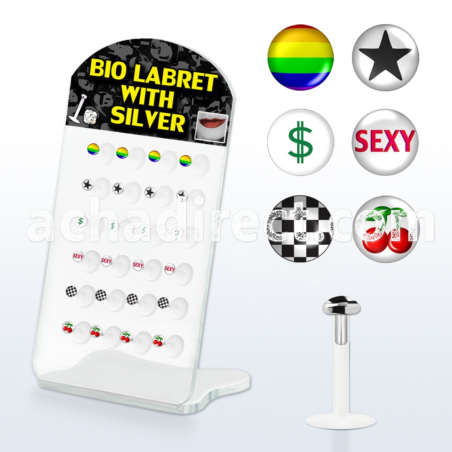 brlbi21 bioflex labret with 3mm flat silver top with logos