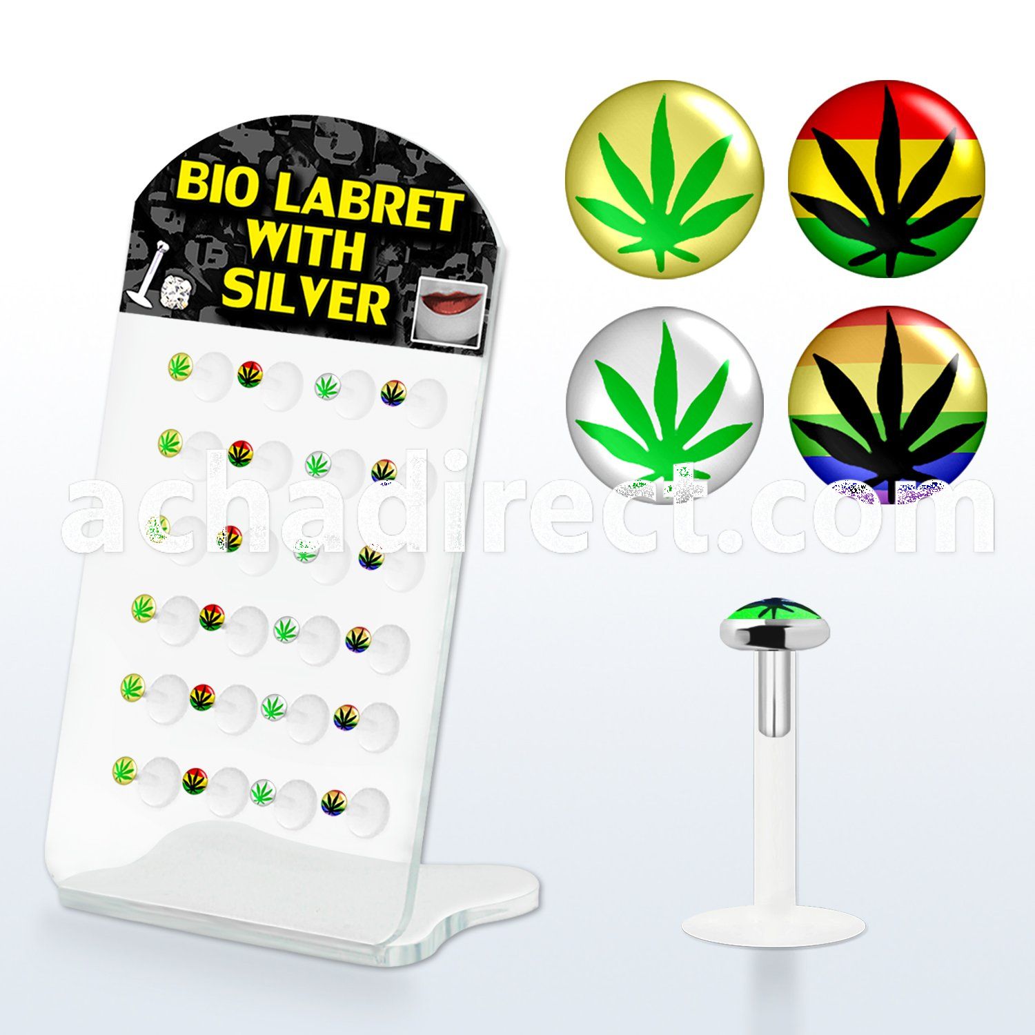 brlbi22 bioflex labret with push in silver marijuana logo tops
