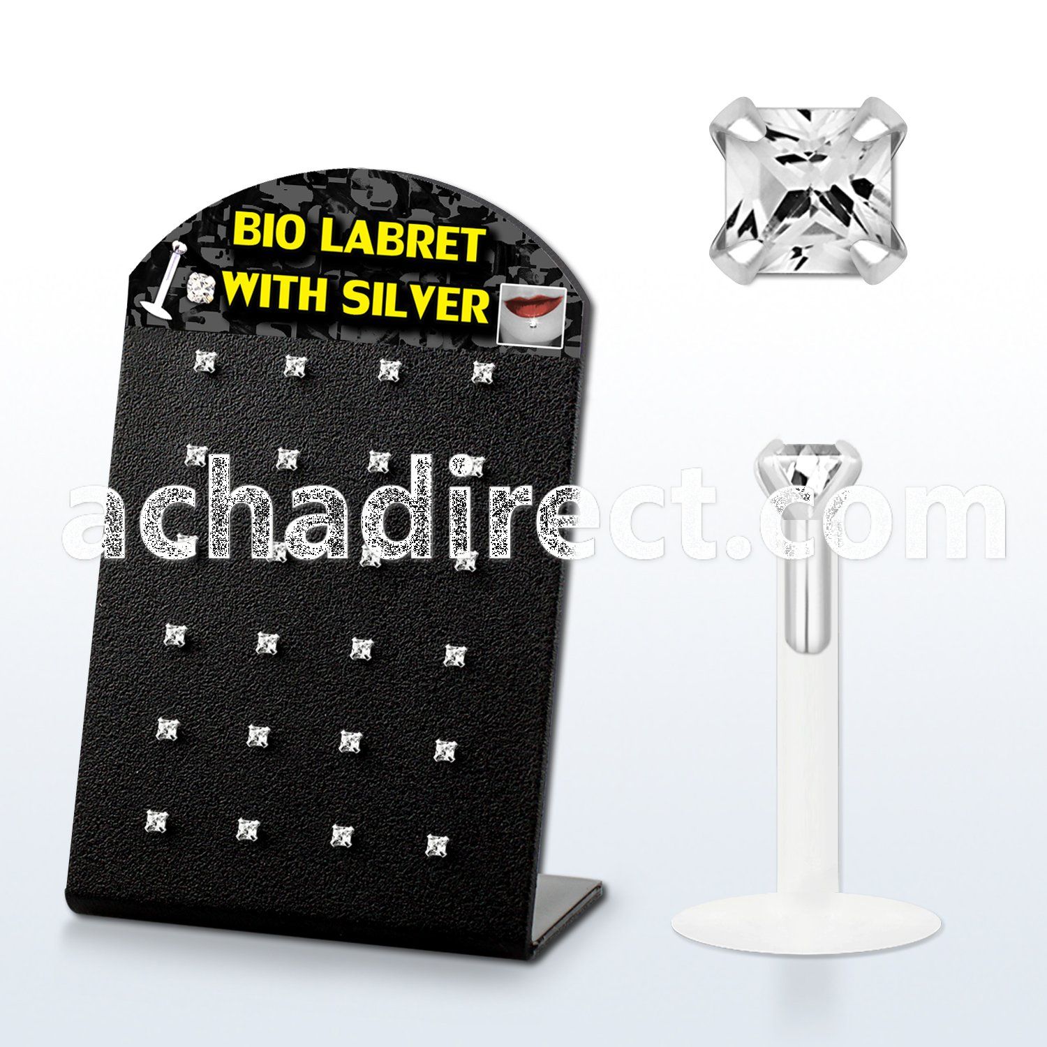 brlbi29 bioflex labret with prong set square cz stone