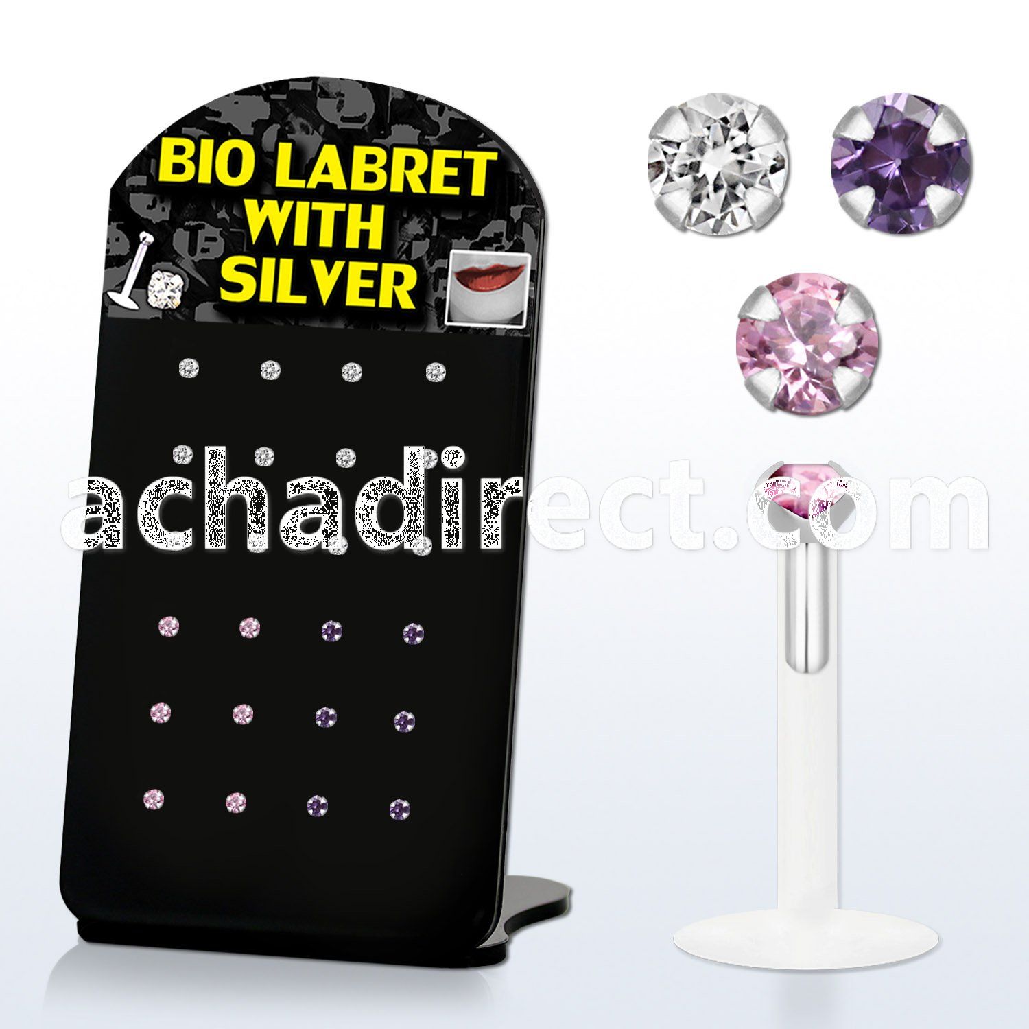 brlbi2 bioflex labret with 2mm prong set round colored cz stone