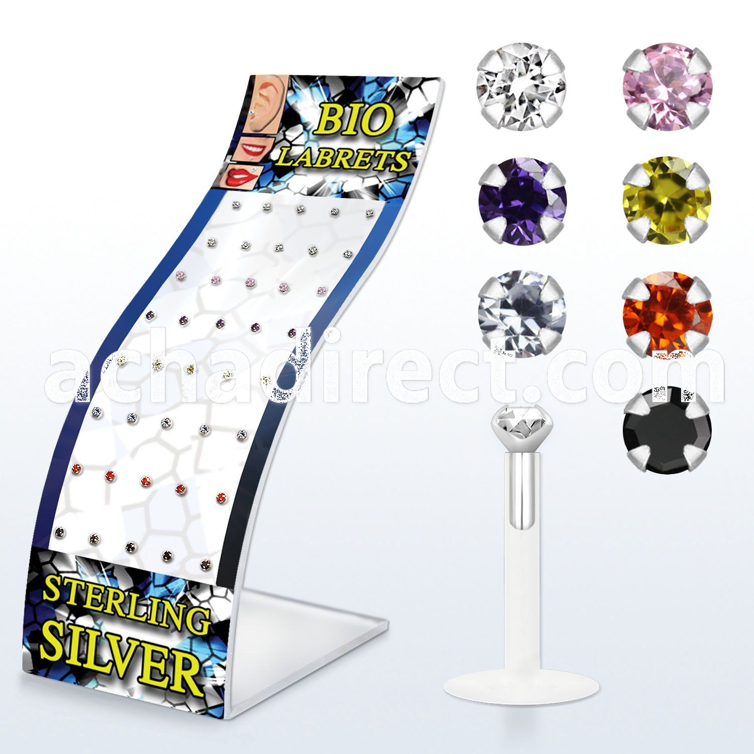 brlbi35 bioflex labret w prong set round colored cz stone