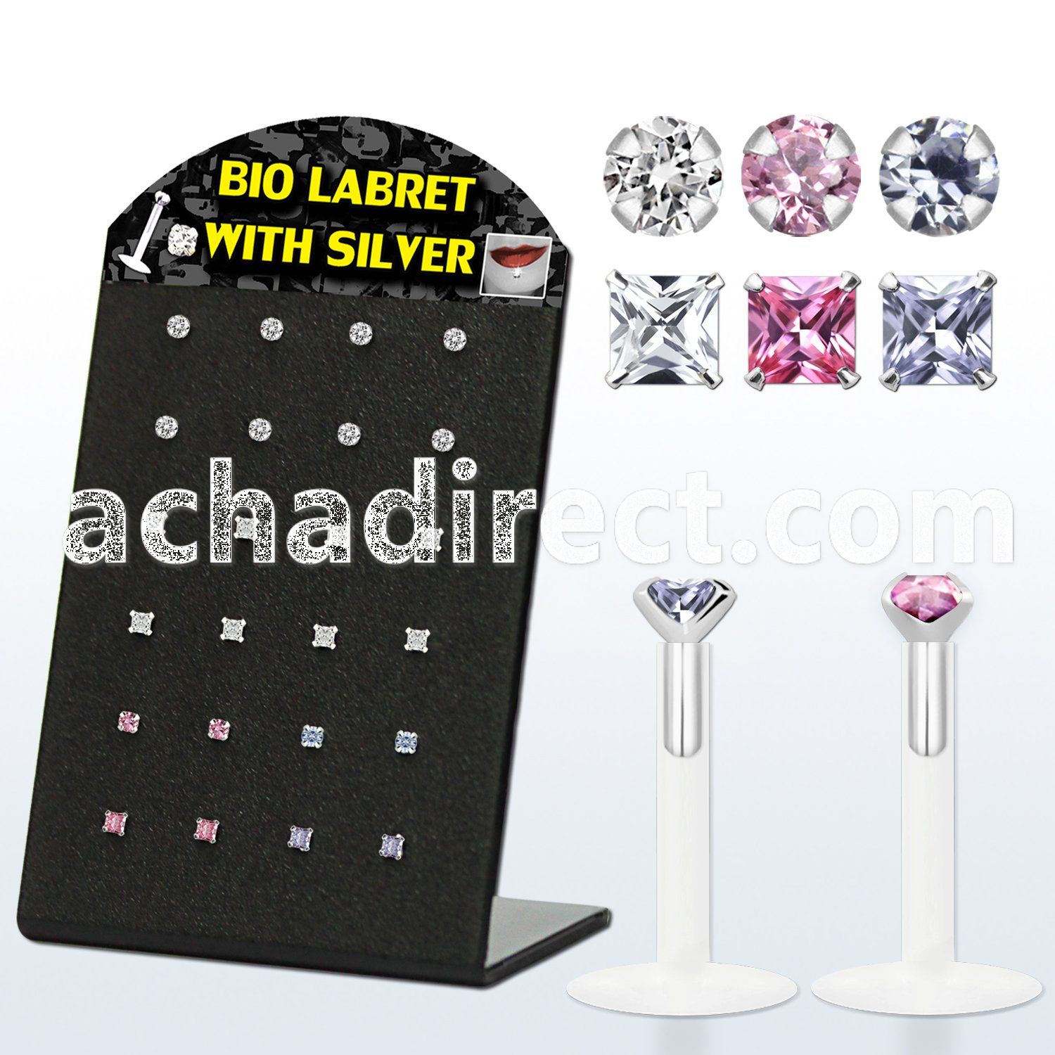 brlbi41 bioflex labret with prong colored square cz stone