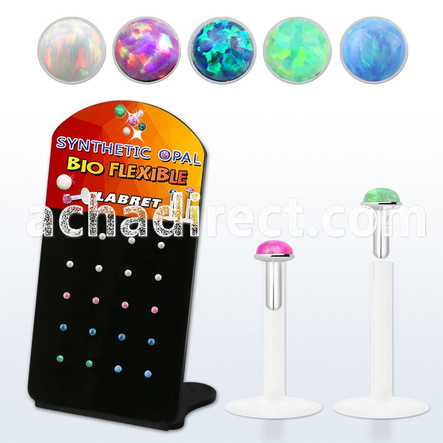 brlbi43 display w bio flex labret w silver top 15 synthetic opal