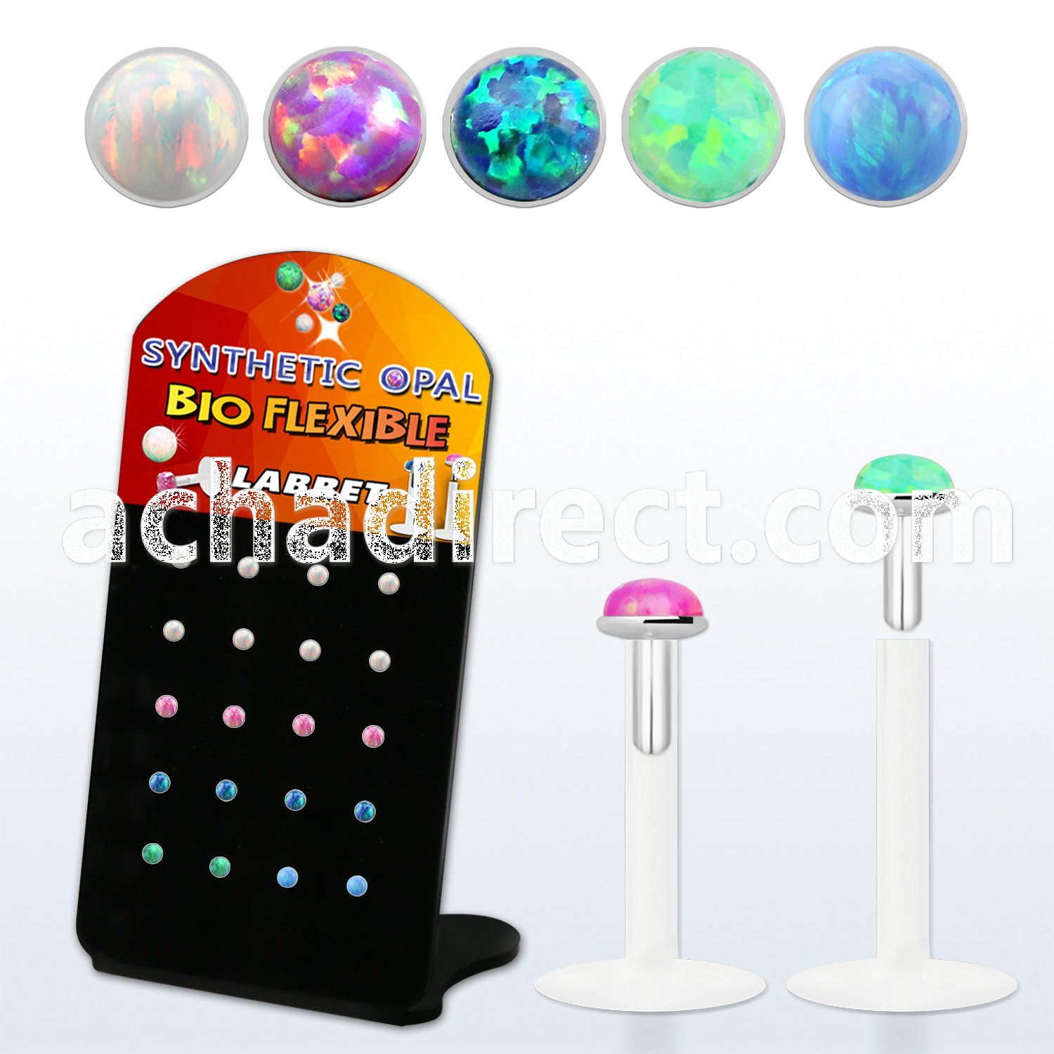 brlbi44 display w bio flex labrets w 2mm synthetic opal