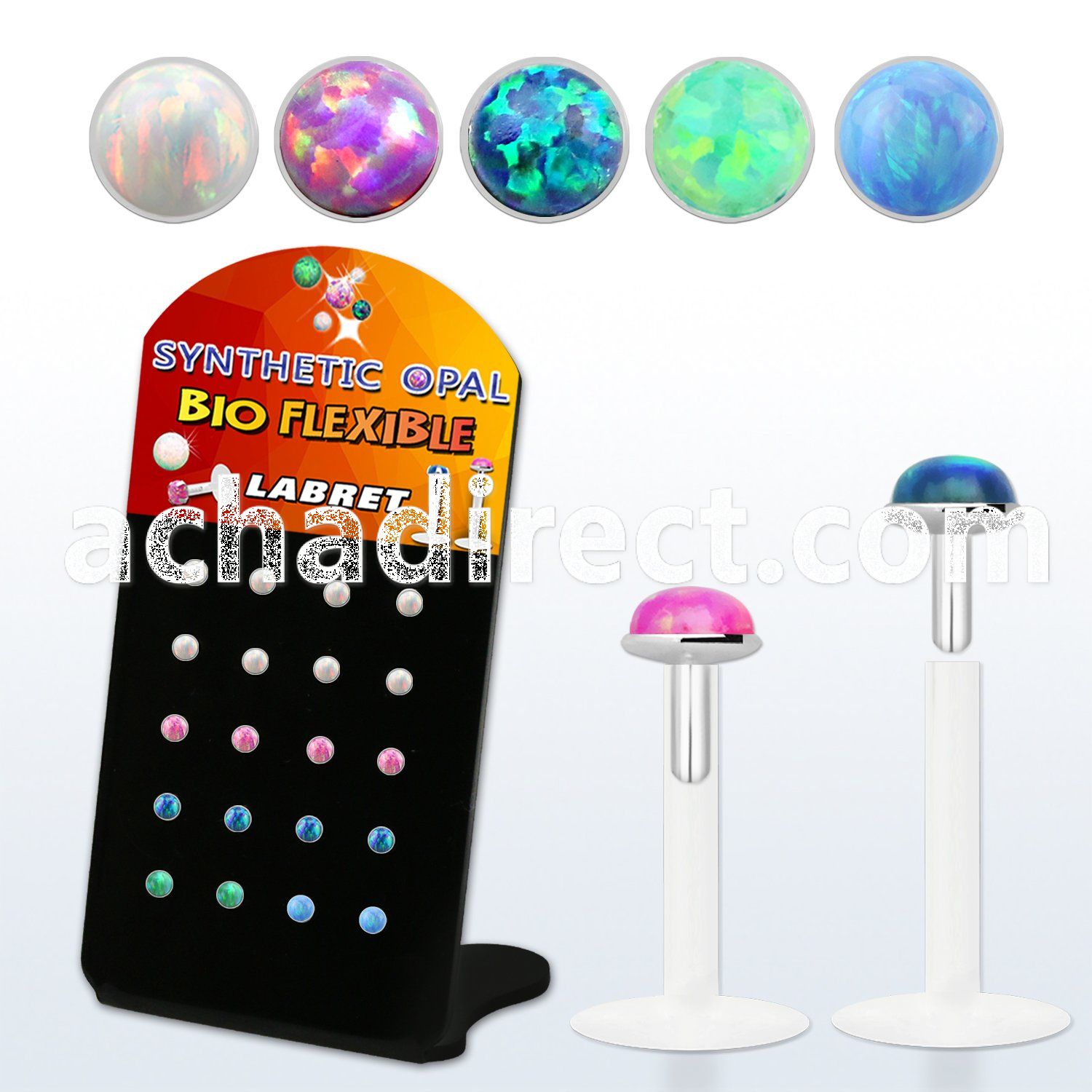 brlbi45 display w bio flex labrets w 2.5mm synthetic opal