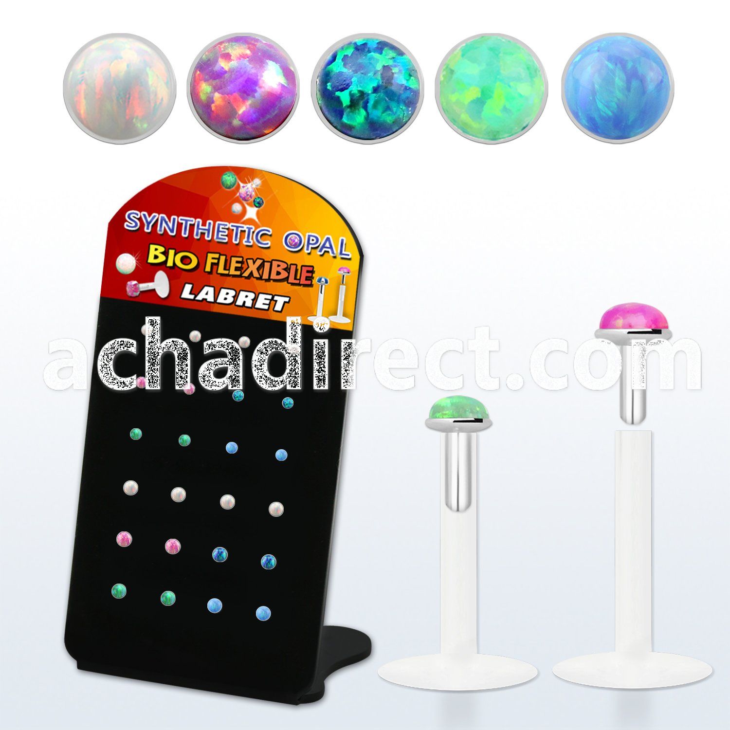 brlbi47 display w bio flex labrets w 1.5mm 2mm synthetic opals