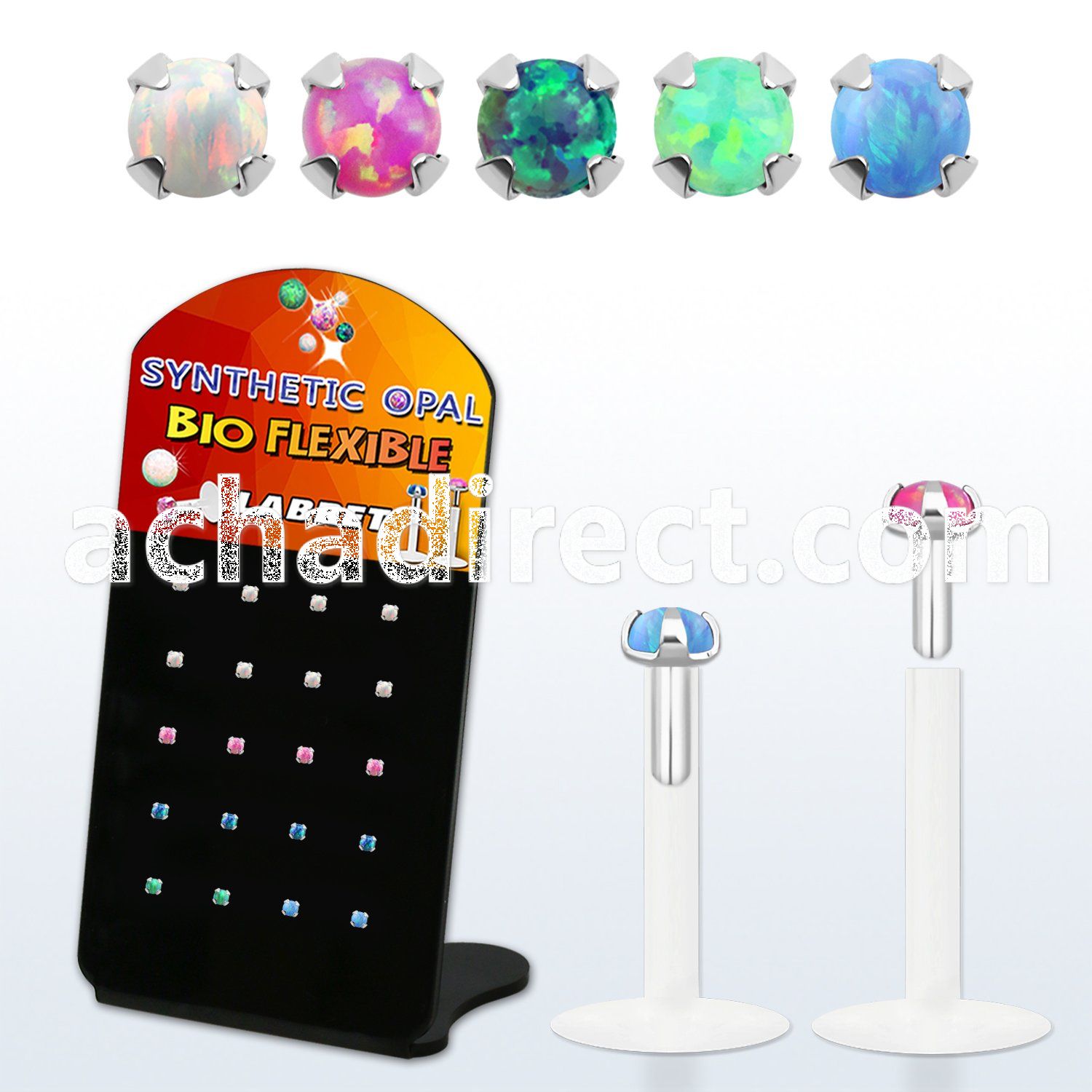 brlbi48 display w bio flex labret w prong set 1.5 synthetic opal