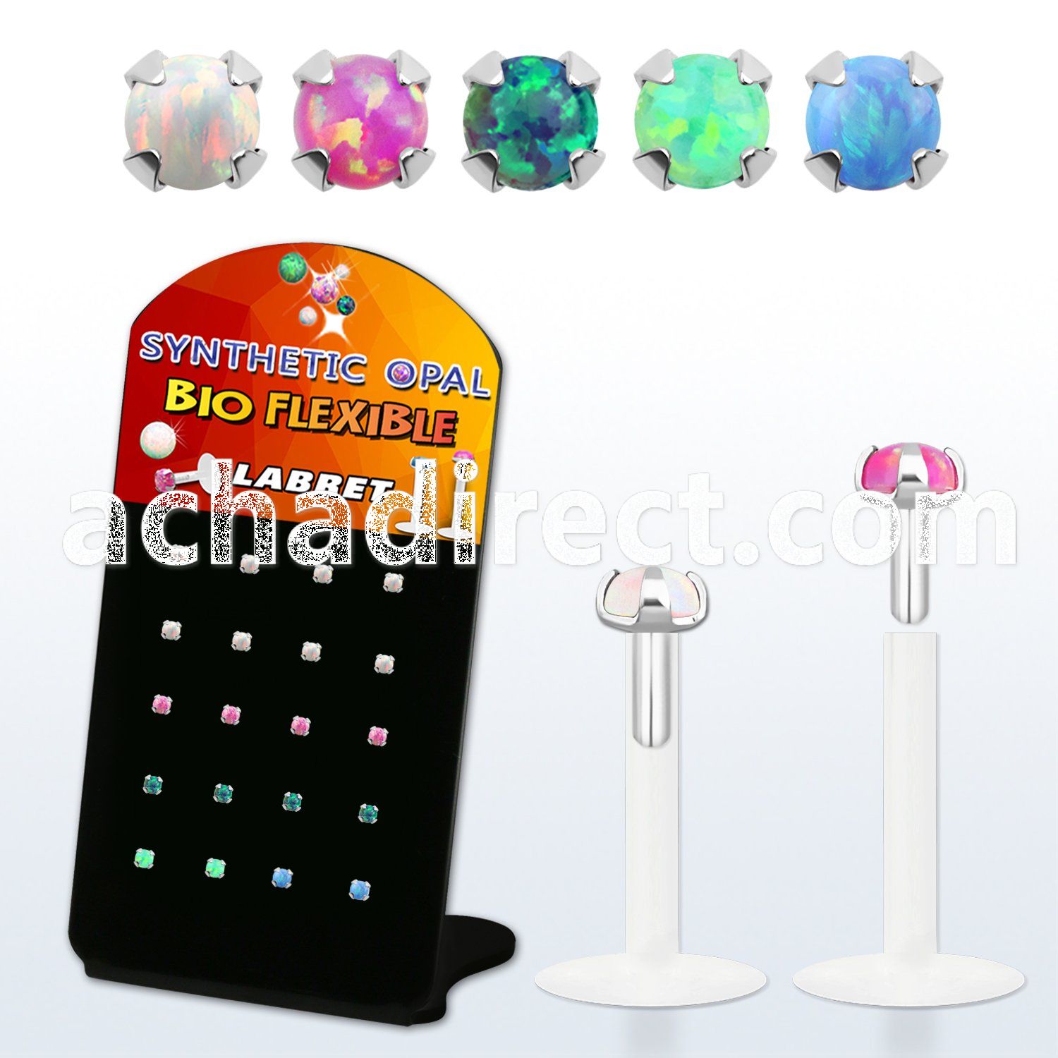 brlbi49 display w bio flex labret w prong set 2mm synthetic opal
