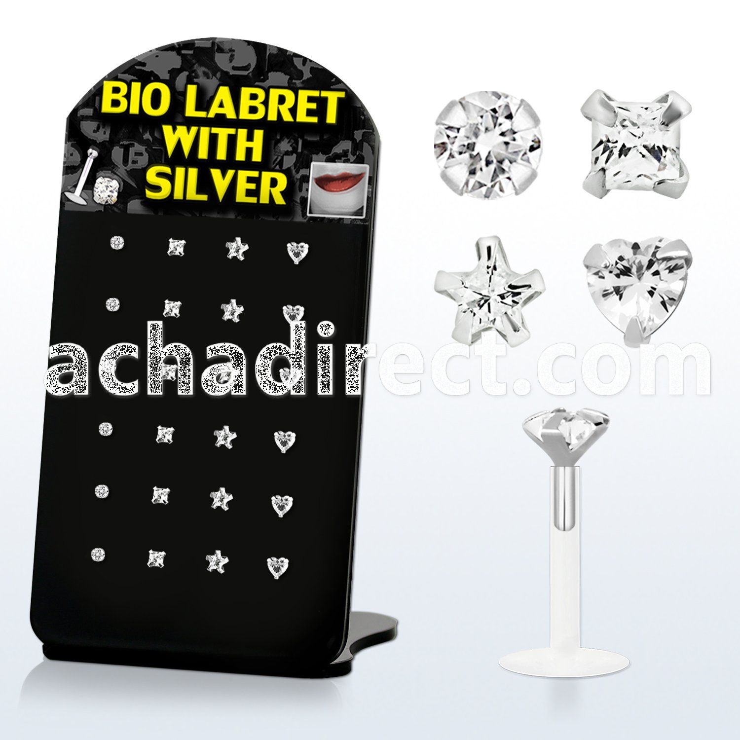 brlbi4 bioflex labret with prong assorted shaped cz stone