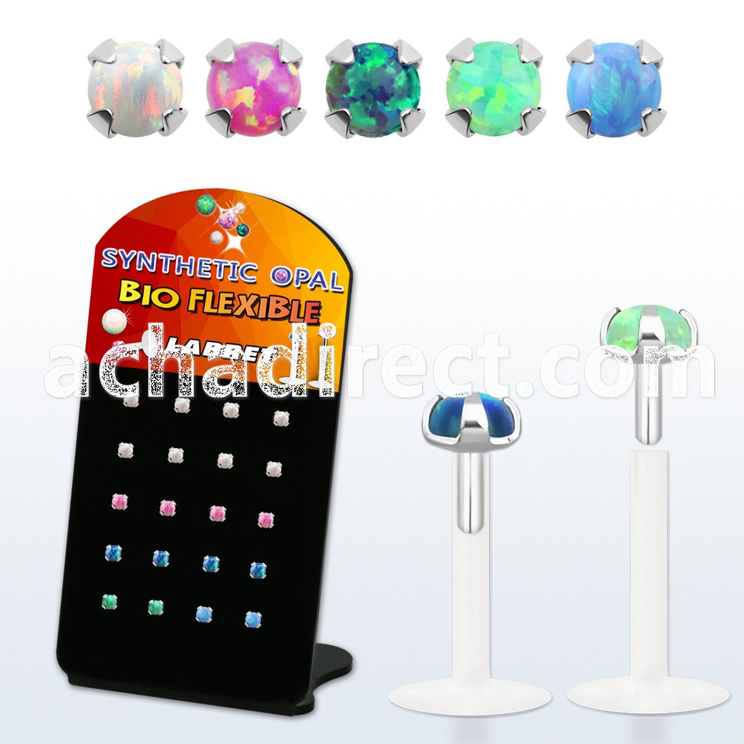 brlbi50 display w bio flex labret w prong set 2.5 synthetic opal