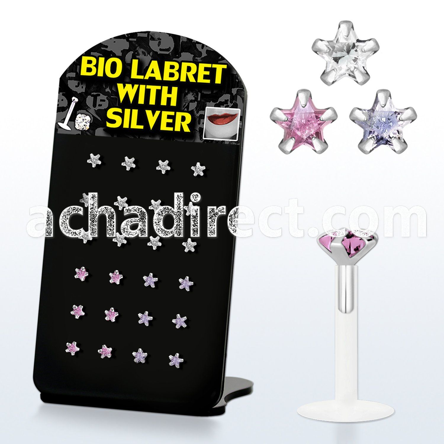 brlbi6 bioflex labret with 3mm prong star shaped cz stone