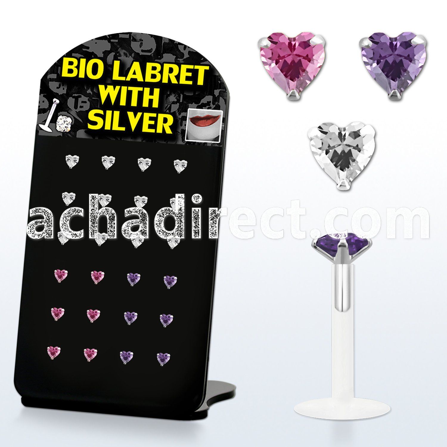 brlbi7 bioflex labret with prong heart shaped cz stone
